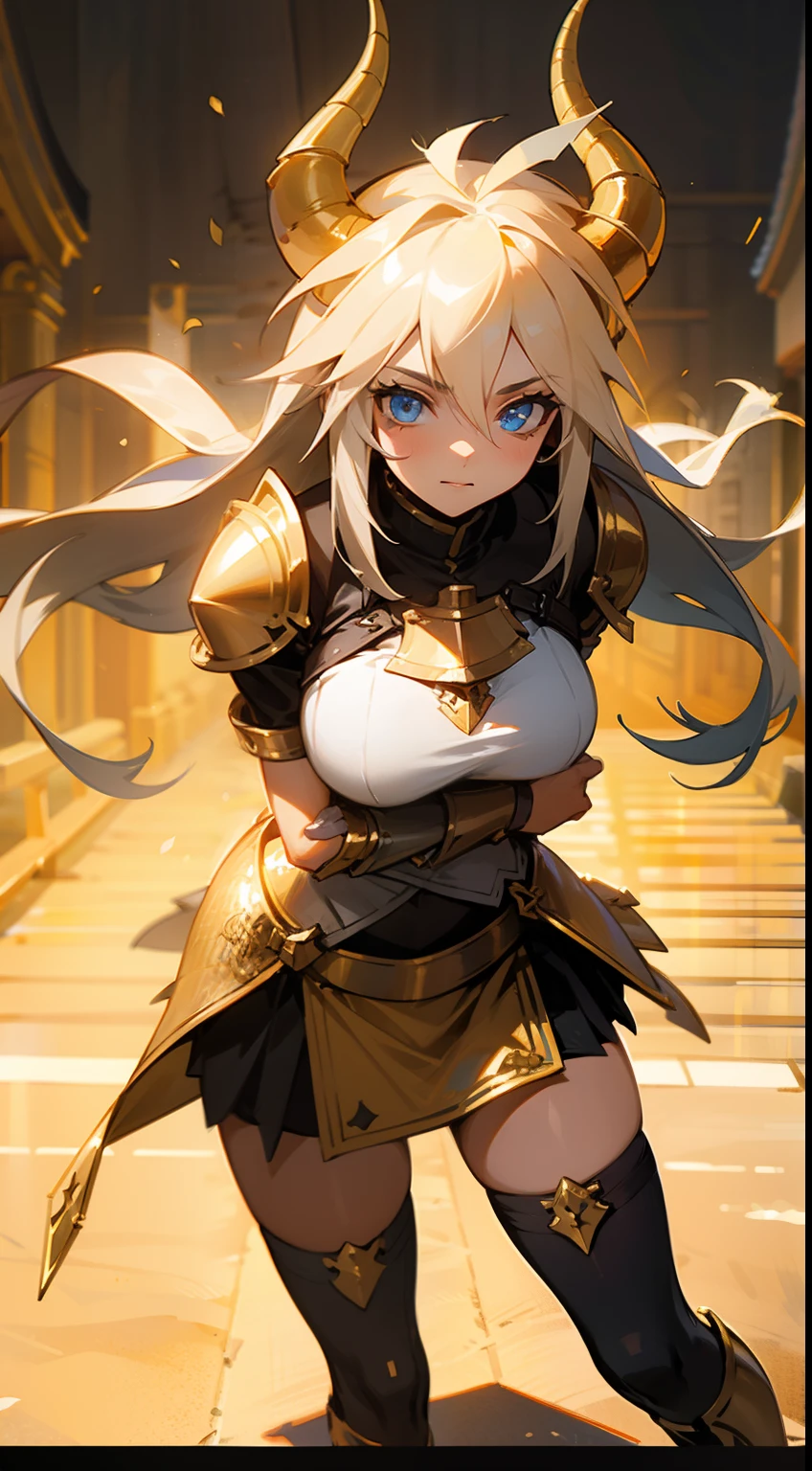 1girl,20s,cow horns,long hair,solo,templar golden knight outfit,knight, golden long chainmail skirt,road,neutral face,road,medium thighs,blue eyes