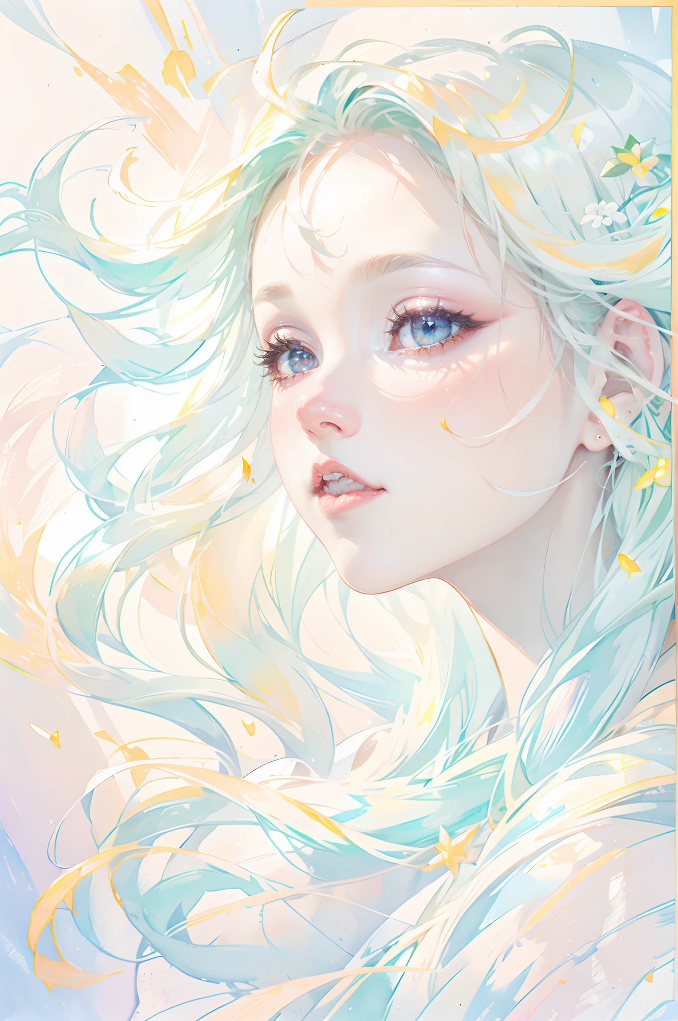 A beautiful goddess, shining white, meltingly beautiful, luminous, divine, emerging from the light.soft focus , light gradation watercolor , dreamy , white background