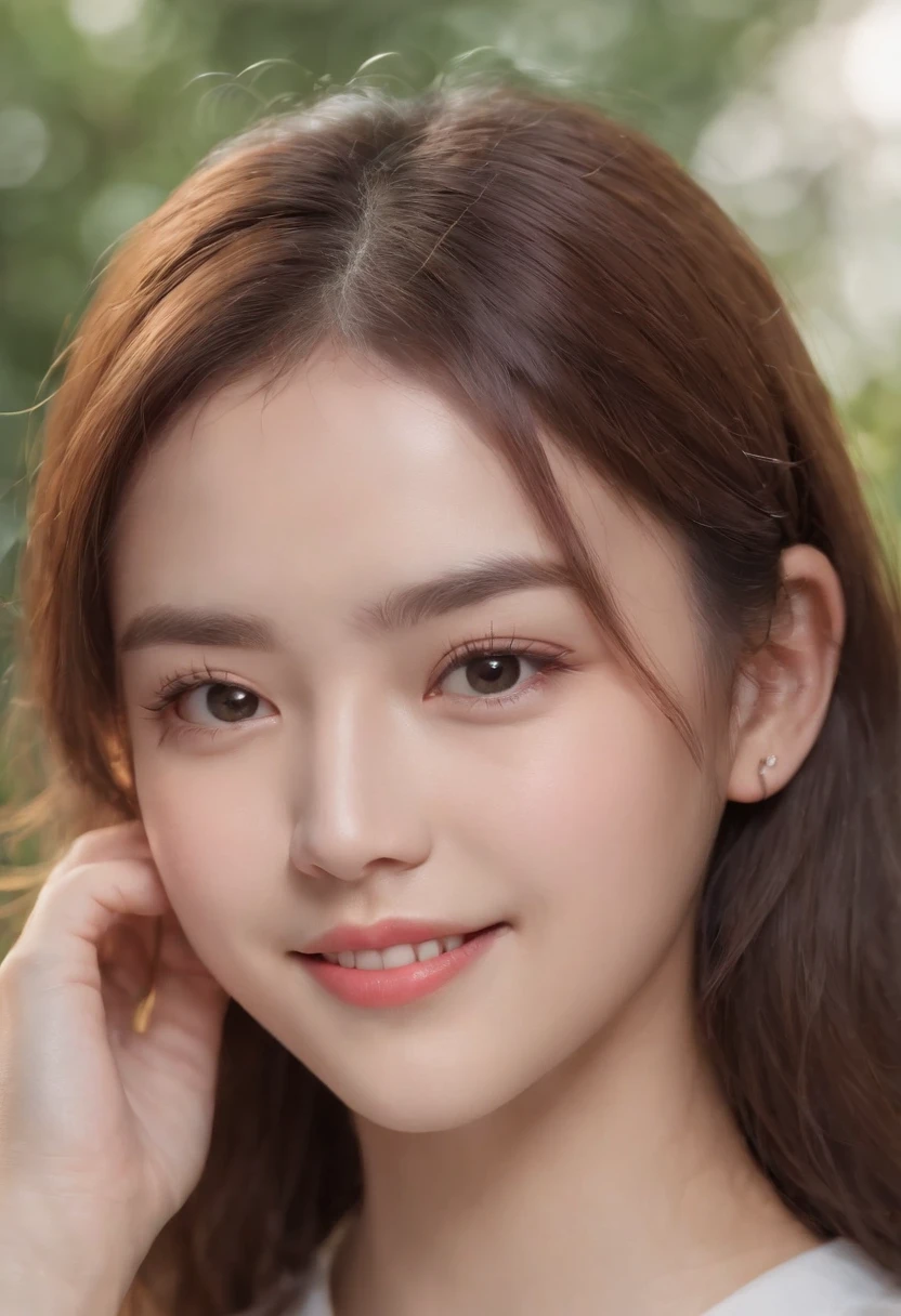 female high-school student、selfee、Best image quality and ultra-high resolution、Images become more realistic (Realism: 1.4), make the face blush, Cute, the details show the face smile,