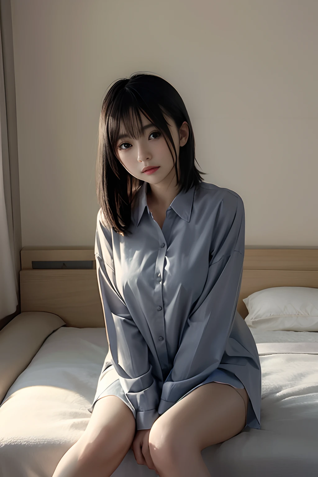 (((1 girl in))、Ray traching、(Dim lighting)、[detailedbackground(Bedroom))、((Black hair))、((Black hair)、(Fluffy black hair、Slender girl)))Shorthair)))Avoid golden eyes in the ominous bedroom((Naked oversized shirt))、Sit up、Hands between legs、red blush、Shows a delicate slim figure and graceful curves、breasts are large、The color of the shirt is white、whiteshirt、The valley is visible、The color of underwear is light blue