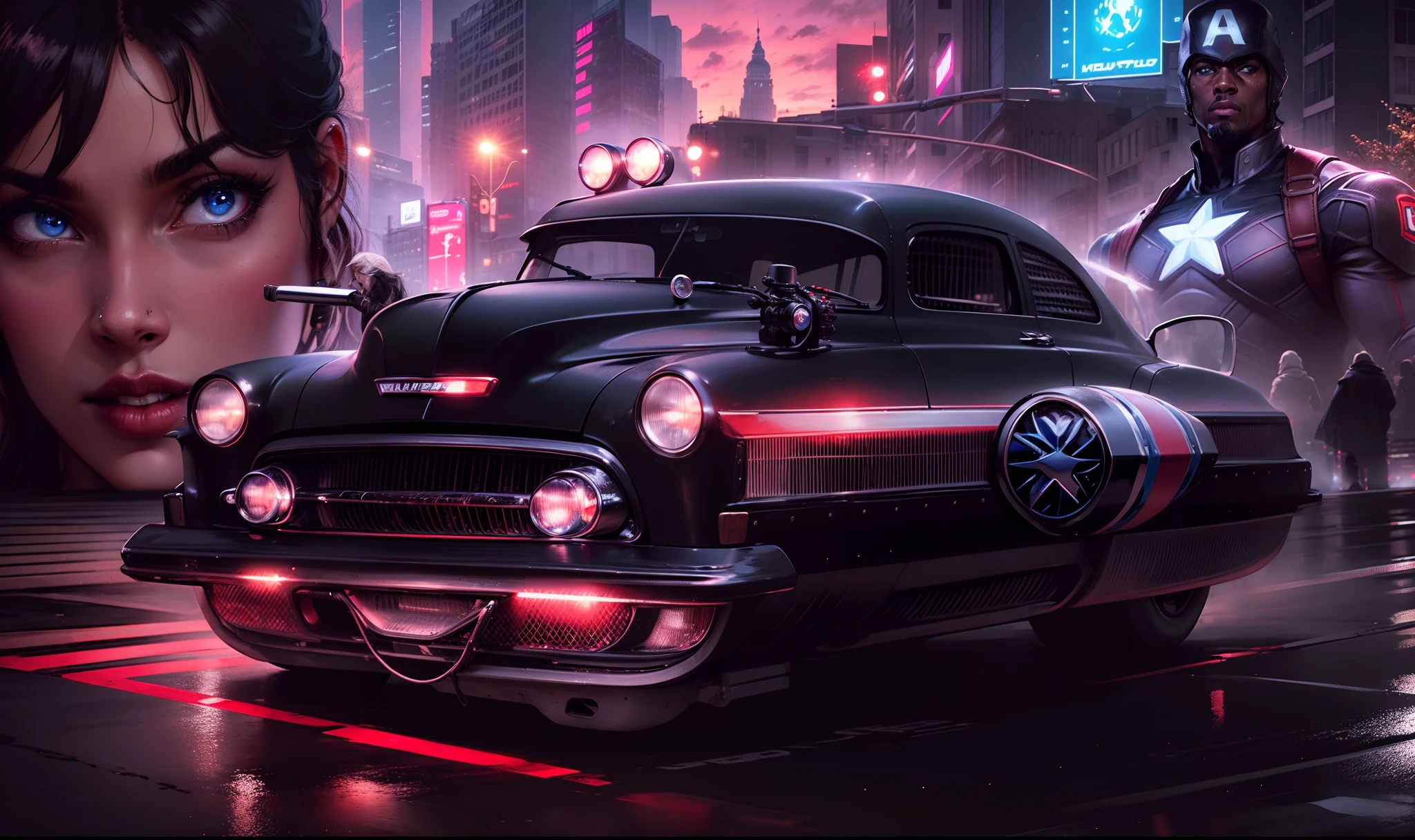 Um carro hover (((Preto Brilhante))) Chevy 50 potente no primeiro plano, behind there is a beautiful woman with blue eyes and red lips and on the other side the white Captain America of Eurasia and buildings in the background with the sunset and neon lights