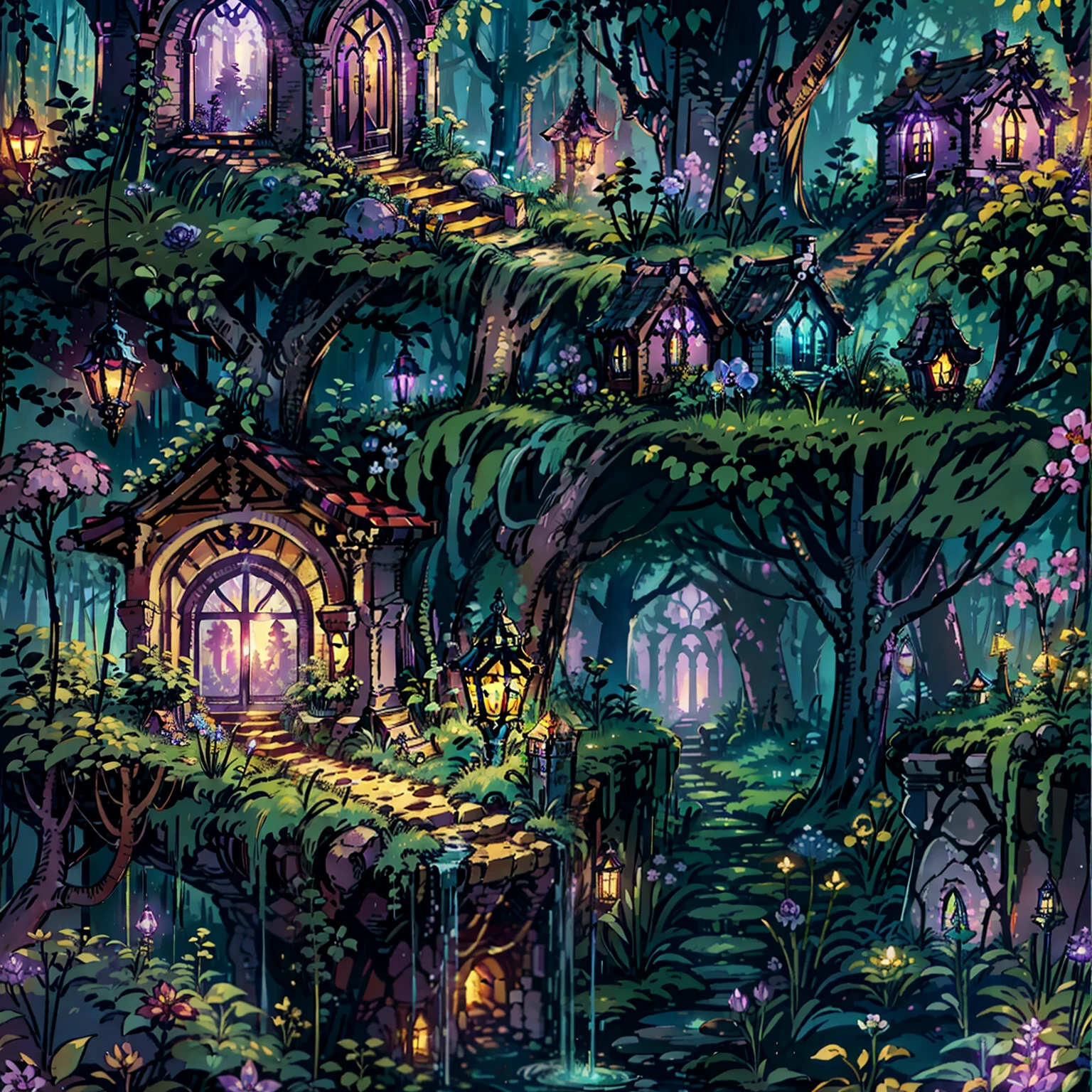 Elaborate residential details in an elven city in a magical forest, By soft lighting, A purple glow that exudes charm. A peaceful and peaceful place, Provides a sense of tranquility."