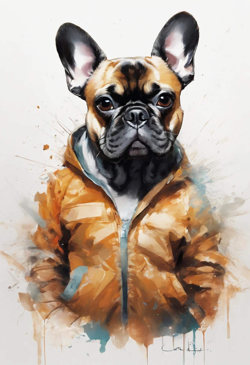 Perfect centering, Cute French Bulldog, Wear a student team jacket, Wearing sunglasses, Wearing headphones, cheerfulness, Standing position, Abstract beauty, Centered, Looking at the camera, Facing the camera, Approaching perfection, Dynamic, Highly detailed,  Smooth, Sharp Focus, 8K, hight resolution, Illustration, art by carne griffiths and wadim kashin, White background