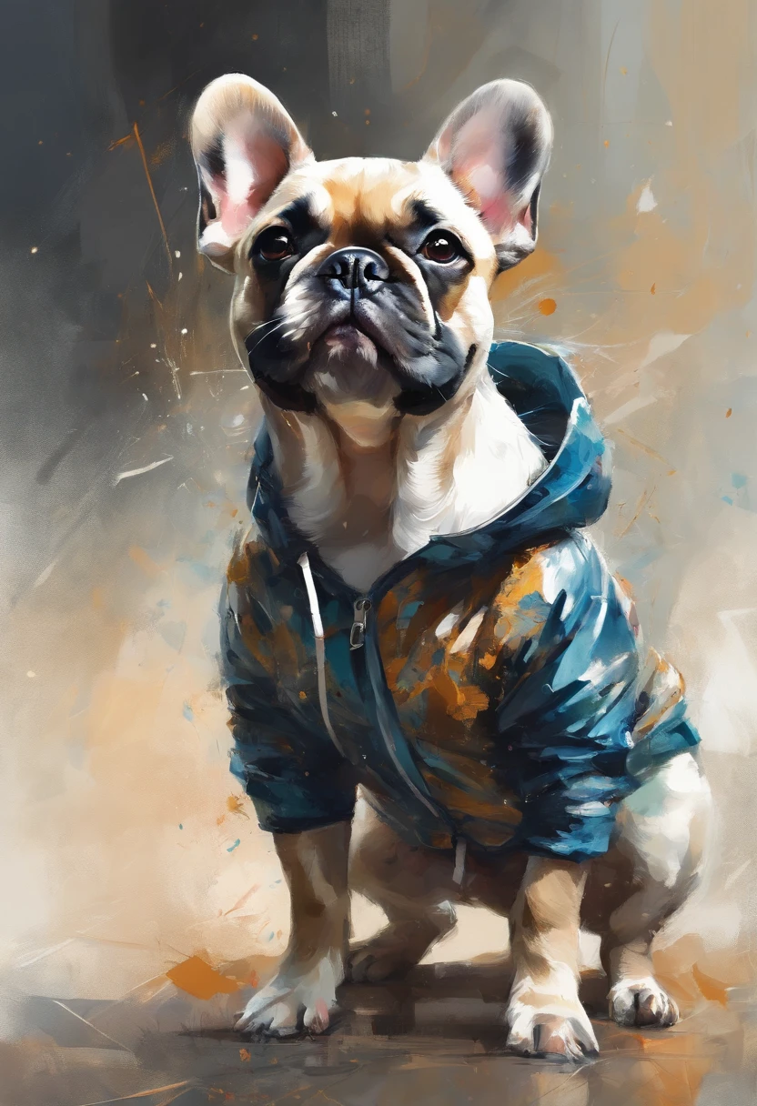 Perfect centering, Cute French Bulldog, Wear a student team jacket, Wearing sunglasses, Wearing headphones, cheerfulness, Standing position, Abstract beauty, Centered, Looking at the camera, Facing the camera, Approaching perfection, Dynamic, Highly detailed, Smooth, Sharp Focus, 8K, hight resolution, Illustration, art by carne griffiths and wadim kashin, White background