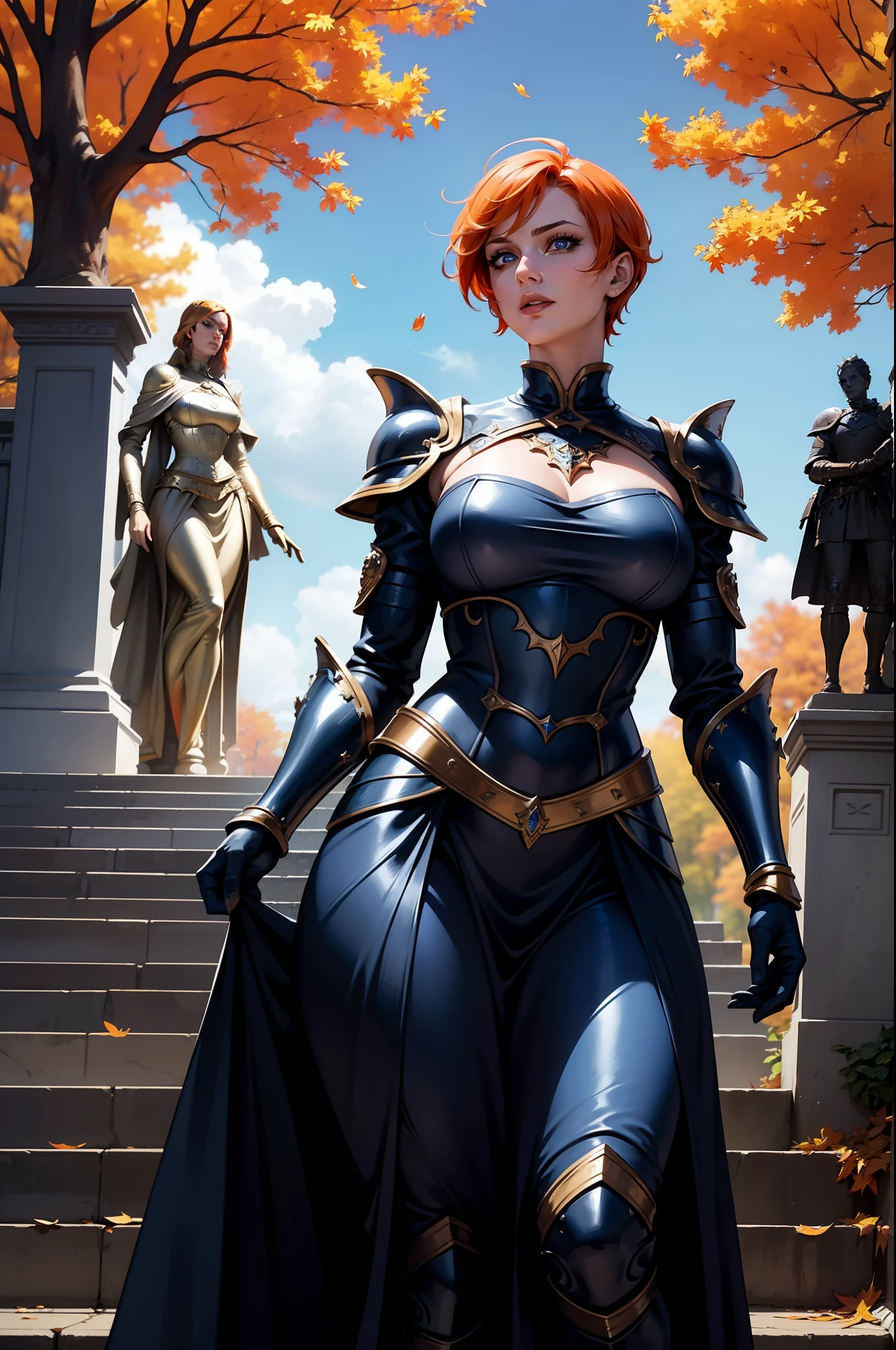 A beautiful and wonderful woman extremely detailed short orange hair wearing extremely detailed gothic armor blue eyes on library staircase with medieval statues blue sky full of clouds and fluttering autumn trees cover 8k in an imposing position