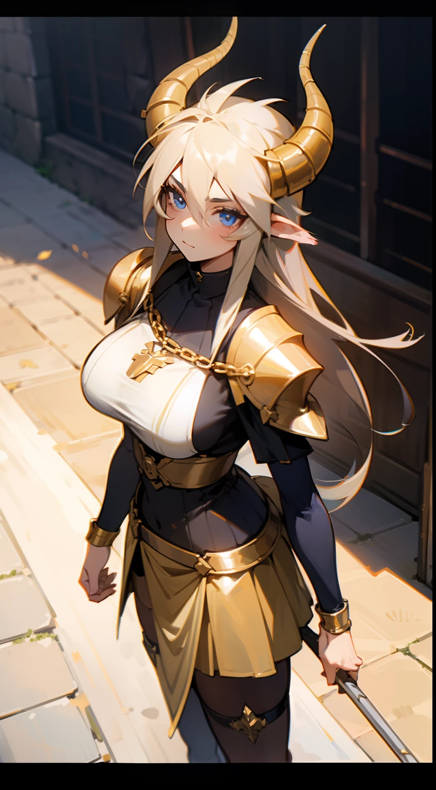 1girl,30s,cow horns,long hair,solo,templar golden knight outfit,knight, golden long chainmail skirt,road,neutral face,road,largr thighs,blue eyes,hd,masterpiece,8k