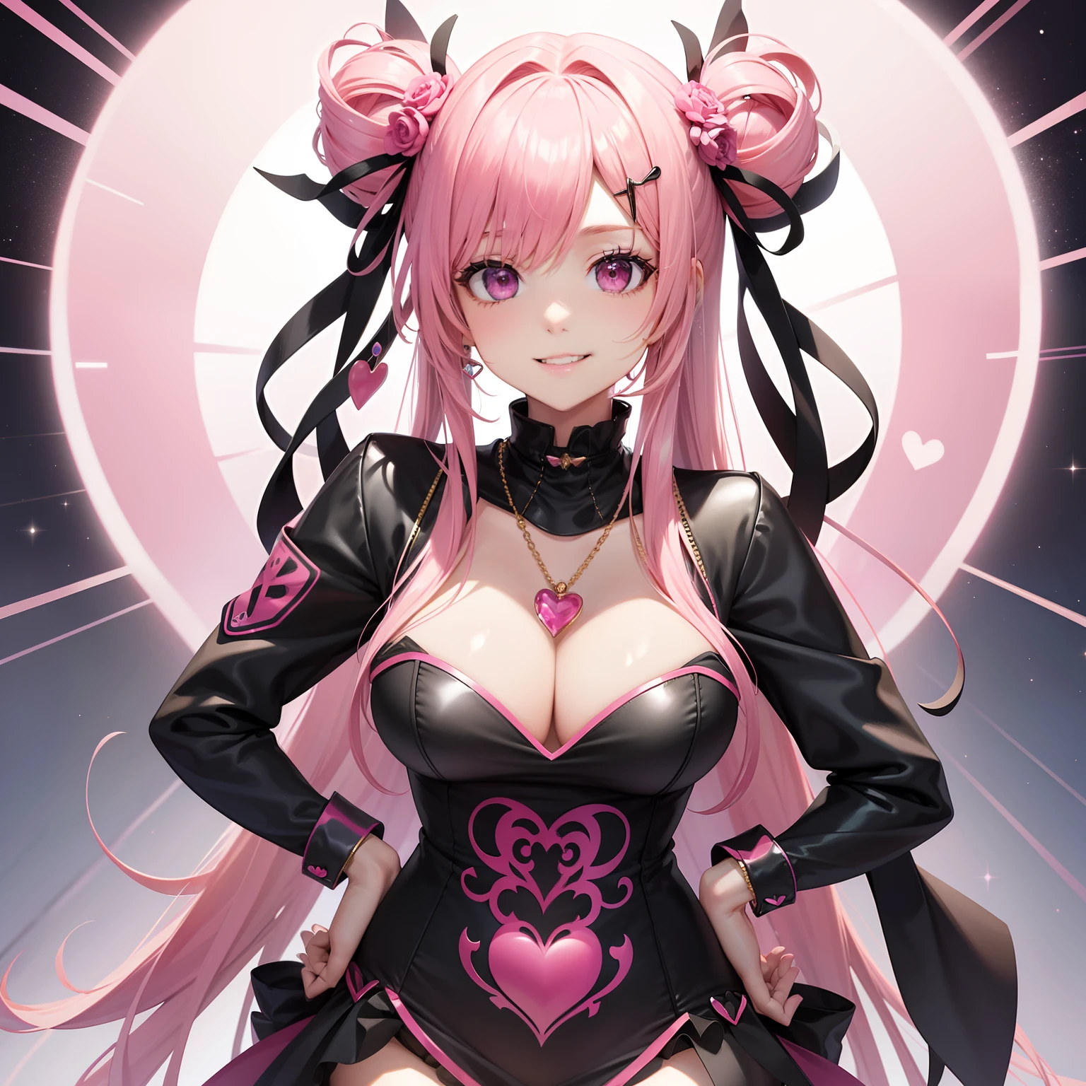 full body Esbian, masutepiece: 1.2, Highest quality), (Live-action, elaborate detail), (1 Lady, Solo, Upper body,) Clothing: avant-garde, Black long jumper, Pink miniskirt, Long hair with pink double tails,,,、Avant-garde, experimental Appearance: Pink two-tailed hairy 、heart shaped necklace、Location: Karaoke、Solo, Nice smile、Value creation in mixed media art: individuality, Authenticity, Creative expression