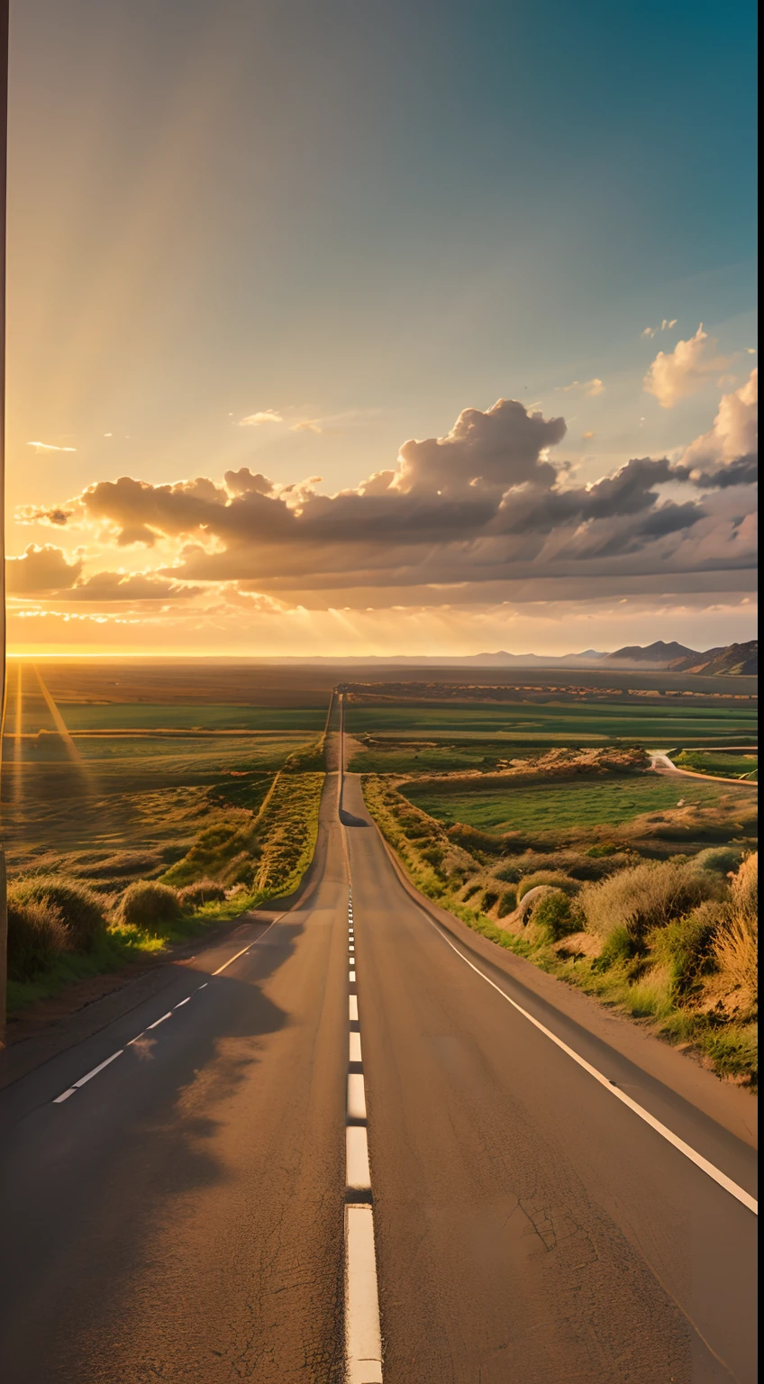 Image of a long and winding road，Bright light leading to the horizon,bright morning，suns rays