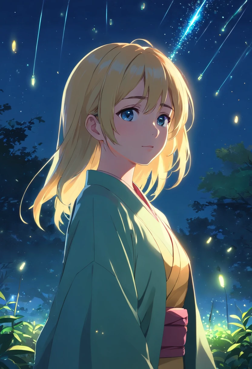 (Best Quality: 1.3, Masterpiece: 1.3), Ultra HD, (1girl, solo), atmospheric perspective, detailed face, upper body, makeup, kimono, shiny skin, (blonde hair), long hair, Looking at In front of the audience, (much blushing), blue eyes, nice breasts, slim body, (((((beuatiful laterns background at dark night))) fireflies