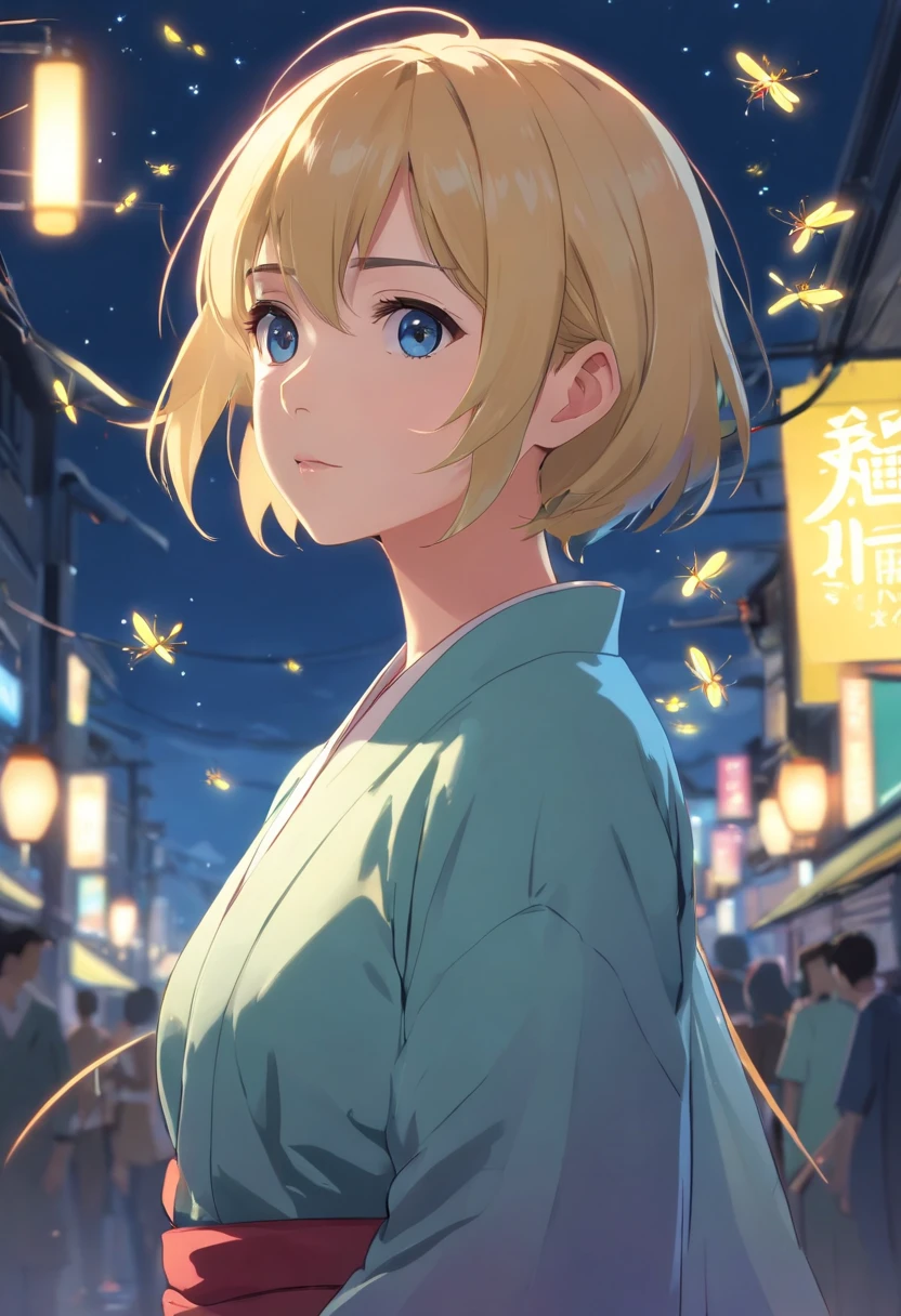 (Best Quality: 1.3, Masterpiece: 1.3), Ultra HD, (1girl, solo), atmospheric perspective, detailed face, upper body, makeup, kimono, shiny skin, (blonde hair), long hair, Looking at In front of the audience, (much blushing), blue eyes, nice breasts, slim body, (((((beuatiful laterns background at dark night))) fireflies