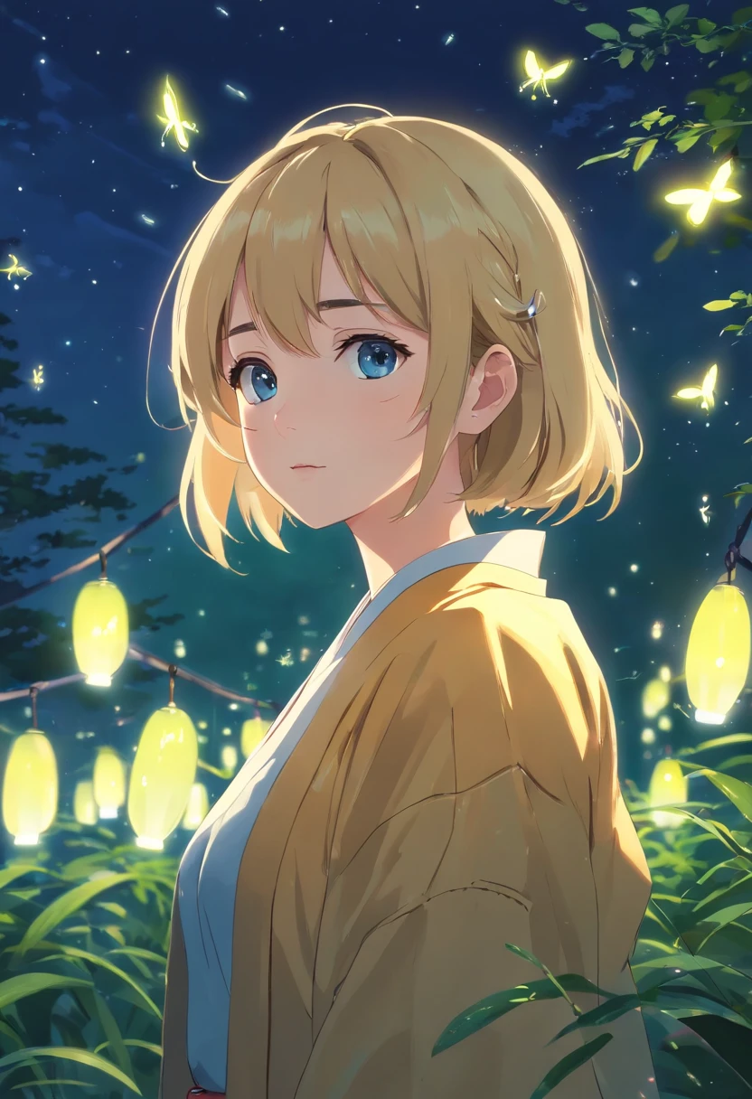 (Best Quality: 1.3, Masterpiece: 1.3), Ultra HD, (1girl, solo), atmospheric perspective, detailed face, upper body, makeup, kimono, shiny skin, (blonde hair), long hair, Looking at In front of the audience, (much blushing), blue eyes, nice breasts, slim body, (((((beuatiful laterns background at dark night))) fireflies