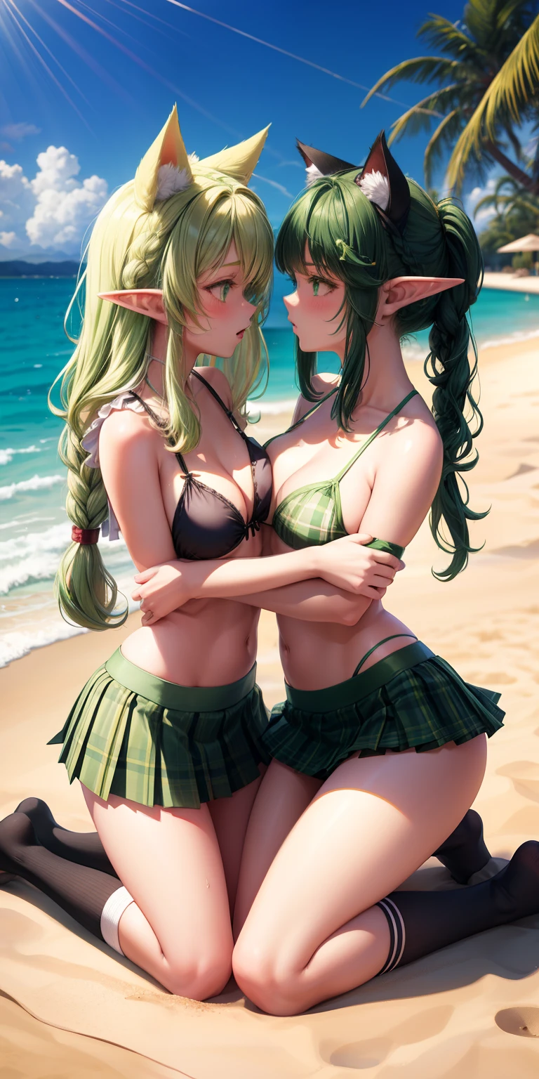 2 girls, green hair, green eyes, cat ears, elf, on her knees, touching, intimate, kiss, bikini, plaid, mini skirt, school girl, provocative, high socks, long hair, braid, Schoolgirls, beach, by the pool,