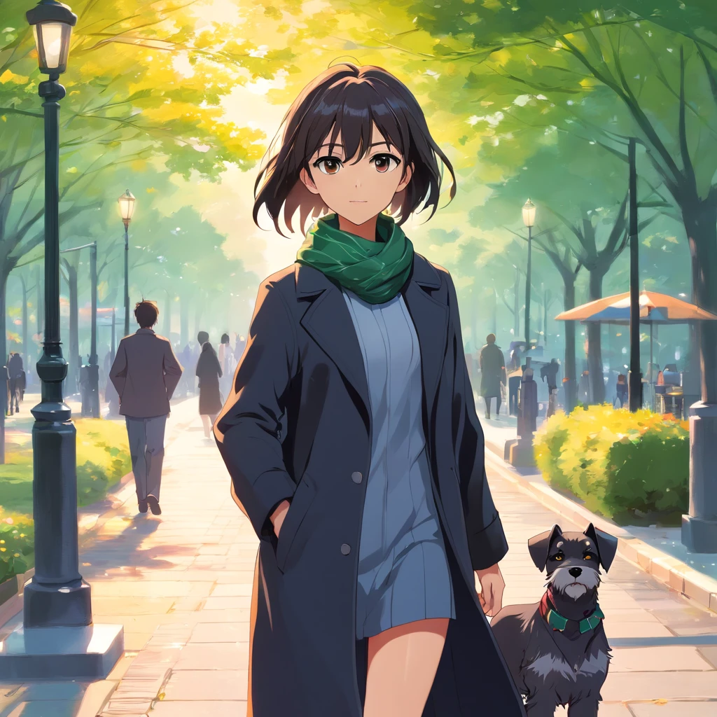 Master Parts, schnauzer, matrix style, Black coat, Take a walk in the park, Walk on the sidewalk with a scarf on your head, Lunette de soleil, Dynamic Angle, top-quality, 4K,