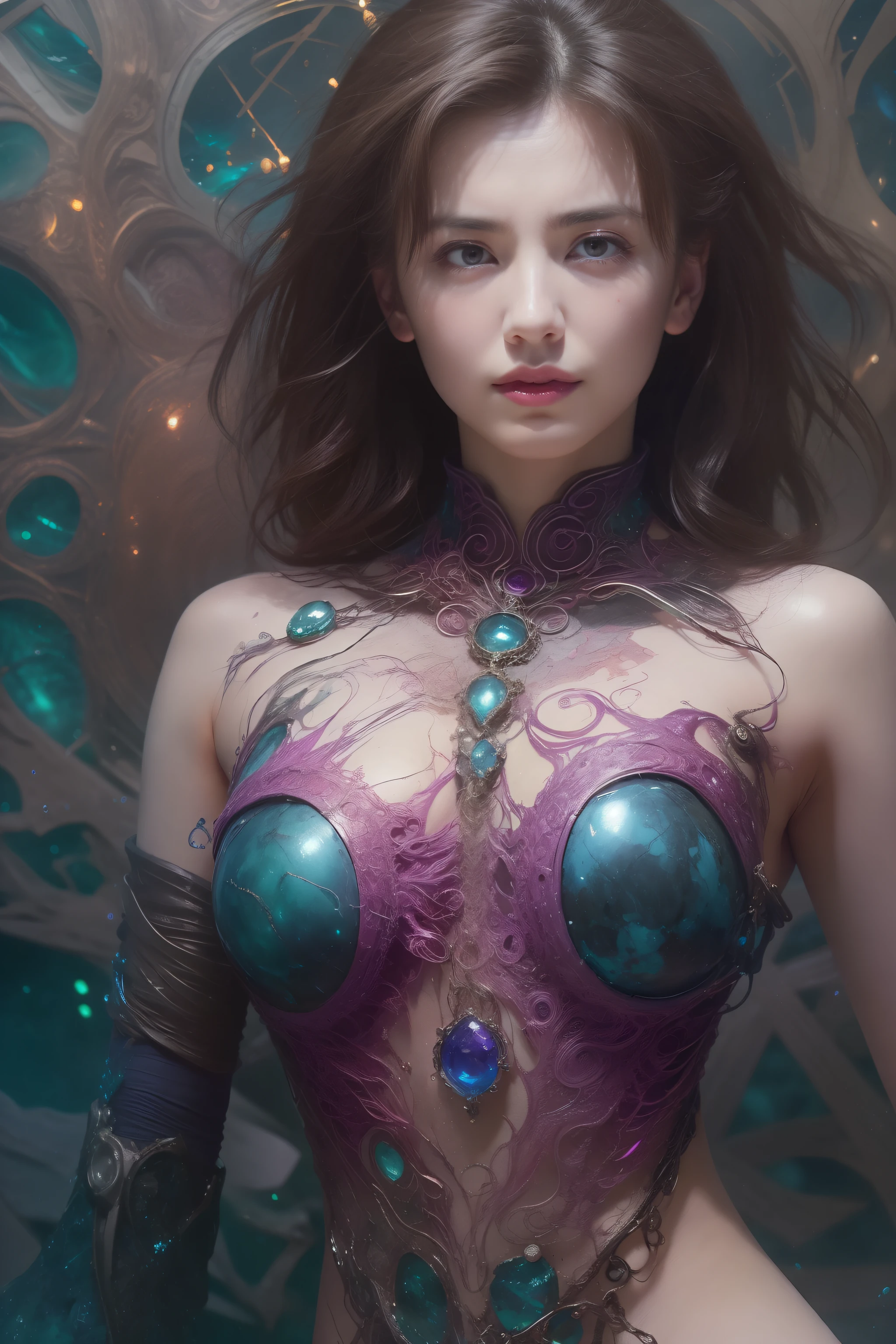 (Expression of ecstasy:1.2), From Side, Photorealistic, Official art, Unity 8k wallpapr, 8K Portrait, Best Quality, Very high resolution, (Incredibly beautiful nature background:1.6), One girl, One beautiful teenage italian girl, , Obscene, (Sexy and glamorous:1.1), (A coquettish expression:1.6), (small breasts with raised pink areolas,,,,,,:1.6), Vulgarity, (seductively smiling:1.2), (full body1.0), (erotic posing:1.5), (Magic Attack Pose:1.6),(magical effects like sparkles or energy:1.5), (Electric shock from hands:1.1), (Detailed blue bodysuit with beautiful fractal or marble design:1.5), (Beautiful and d delicate ruby, topaz, emerald and sapphire jewelry:1.45), Beautiful seductive face, Portrait, (Thick eyebrows:1.2), (Big purple eyes:1.2), Beautiful eyes with fine symmetry, (Ultra detailed eyes:1.4), (High resolution eyes:1.1), Intimate face, (ultra detailed skin texture:1.4), White skin, pale skin, Perfect Anatomy, Thin, (Beautiful toned body:1.1), Hair Bow, (Moist skin:1.1), full of sweat, No makeup, dark circles, Good anatomy, Focus Face, Good looking ing, (Emilia Clark:0.6) (Emma watson:0.3),(Jennifer Connelly:0.4), (sensual face:1.5), Elegant face, Nice, Dolce, Cyberpunk Sci-Fi, (Gauntlets with intricate and beautiful designs:1.2), Blurred background, Blurred foreground, depth of fields, (Motion Blur:1.1), Complex and colorful biomechanical bodysuit, Zentangle, mandalas, Entangled, (Small breasts:1.2), Sheer breast, (Beautiful :1.2), (NSFW:1.2), large hips, drivel, Juice stain, grabbing on breasts,