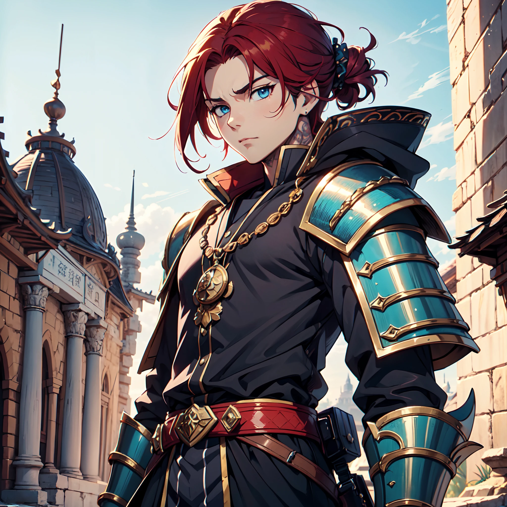 Ultra High Definition, Ultra High Quality, Extremely Detailed, Perfectly Detailed, Masterpiece, 8k, 1 Boy, Look A Like Xin From Kingdom Anime, Handsome, Equipped With Paladin Armor, Solid Light Blue Eyes, Long Red Hair, Body Shot, Ancient Kingdom Background