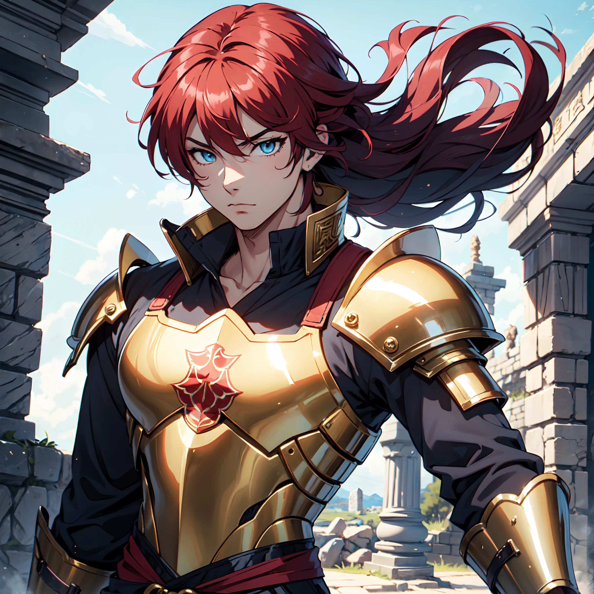 Ultra High Definition, Ultra High Quality, Extremely Detailed, Perfectly Detailed, Masterpiece, 8k, 1 Boy, Look A Like Xin From Kingdom Anime, Handsome, Equipped With Paladin Armor, Solid Light Blue Eyes, Long Red Hair, Body Shot, Ancient Kingdom Background
