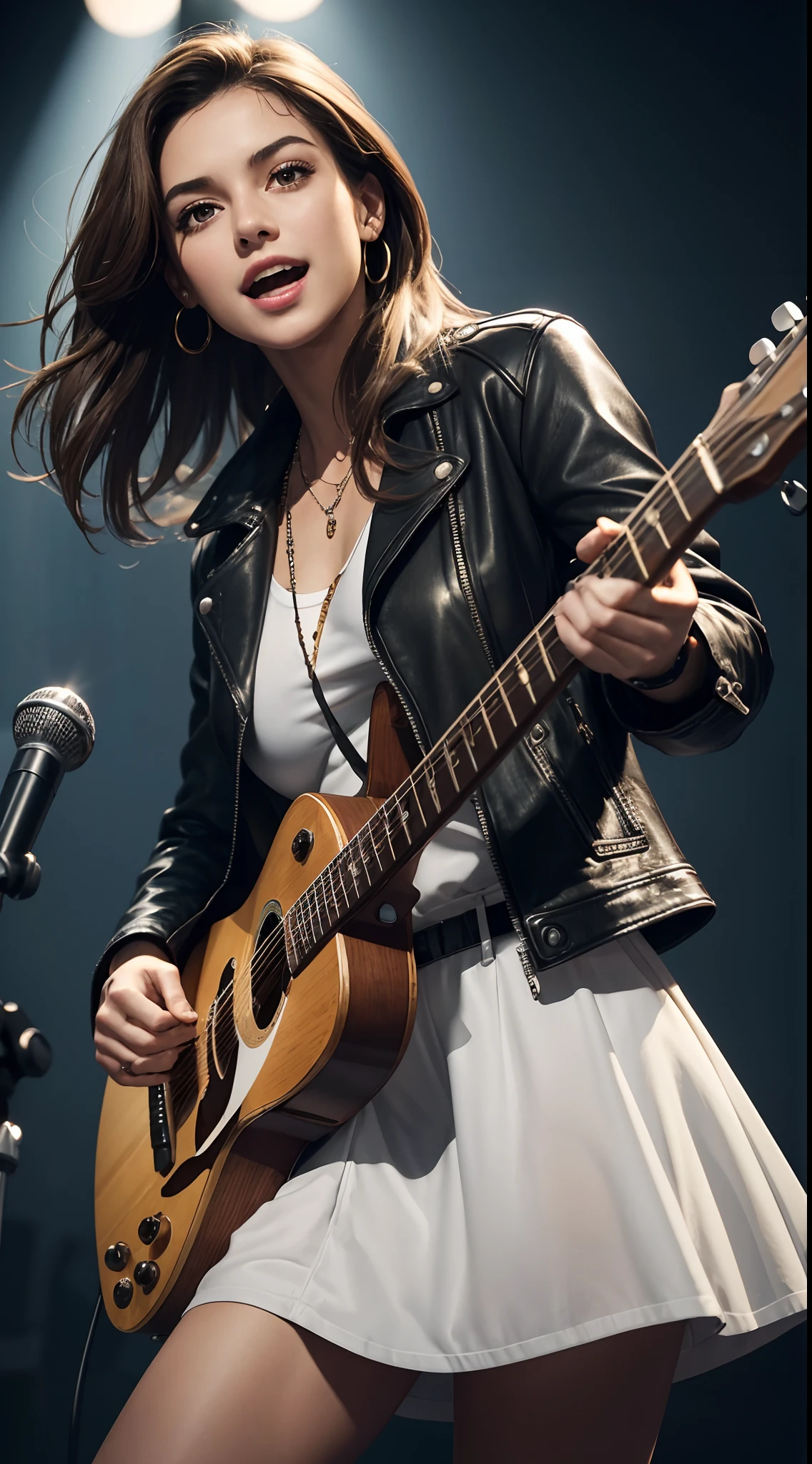 (Masterpiece:1.3, Best quality, Photorealistic, Ultra-detailed, finely detailed, high resolution, 8K wallpaper), 1 beautiful girl, Lead singer of the band group, In a leather jacket, Sing with an electric guitar, standing microphones, Mouth open, Beautiful face, Detailed face, Beautiful eyes, Detailed eyes, Smiling, Earrings, necklace, Detailed guitar, (Straight guitar neck and strings), Medium length light brown hair, be on stage, spotlight, Look at the viewer