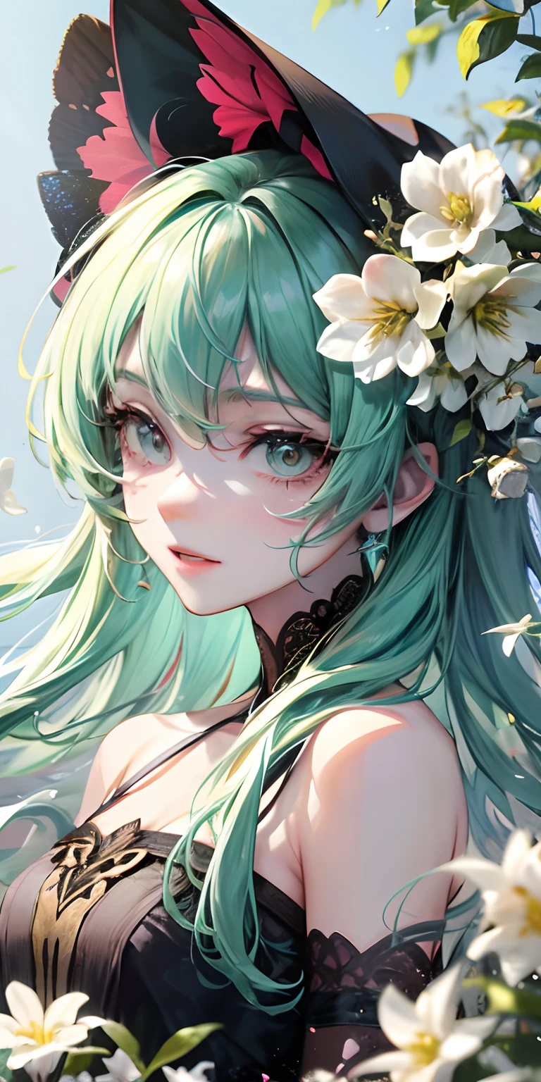 Alto Detalhe, Ultra Detalhe, Ultra High Resolution Girl with extremely long green hair, messy hair with a beautiful and serene face, enjoying her time in the open field, cercada pela beleza da natureza, sol quente polvilhando sobre ela, white flowers swaying gently in the breeze. Butterflies and birds flutter around her, adding to the playful atmosphere, --v6