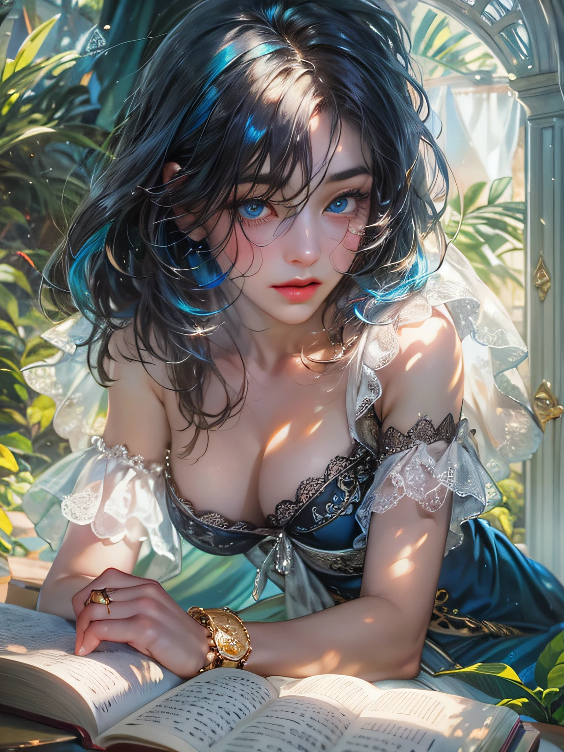 (absurdres, highres, ultra detailed, HDR), masterpiece, best quality, a mature heroine, detailed face, beautiful face with decorative detailed (black short hair with fringe) (blue eyes), blue details , laying on a white picnic mat reading book with curtains in celestial palace garden, detailed character, detailed celestial place of goddess, laplace, fantasy, sunlight, detailed light, detailed shadow, detailed backdrop