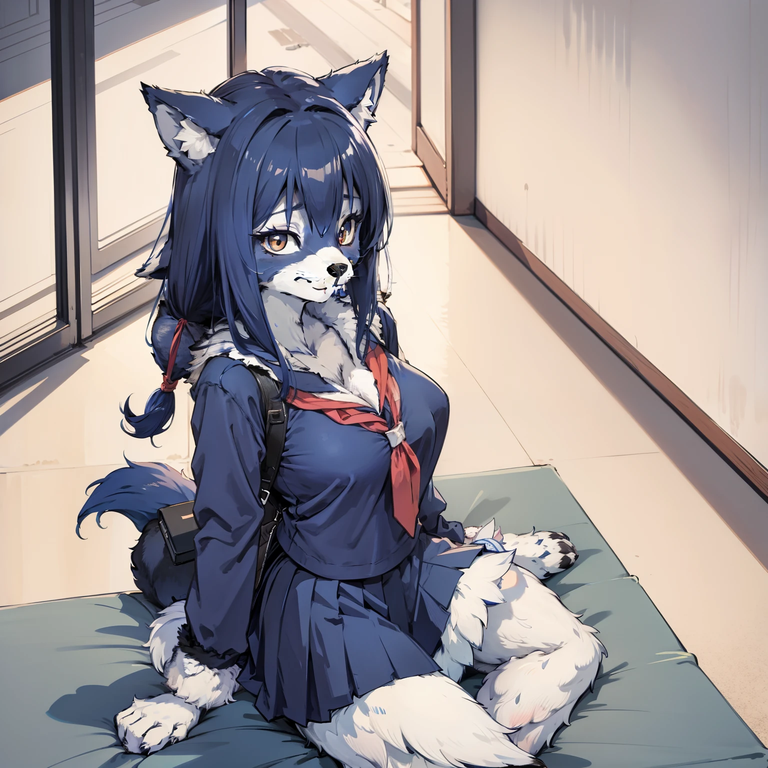 1girll, Blue fur, Wolf Girl, Medium breasts, school uniform, Portrait, Simple background, (Furry:1.5)
