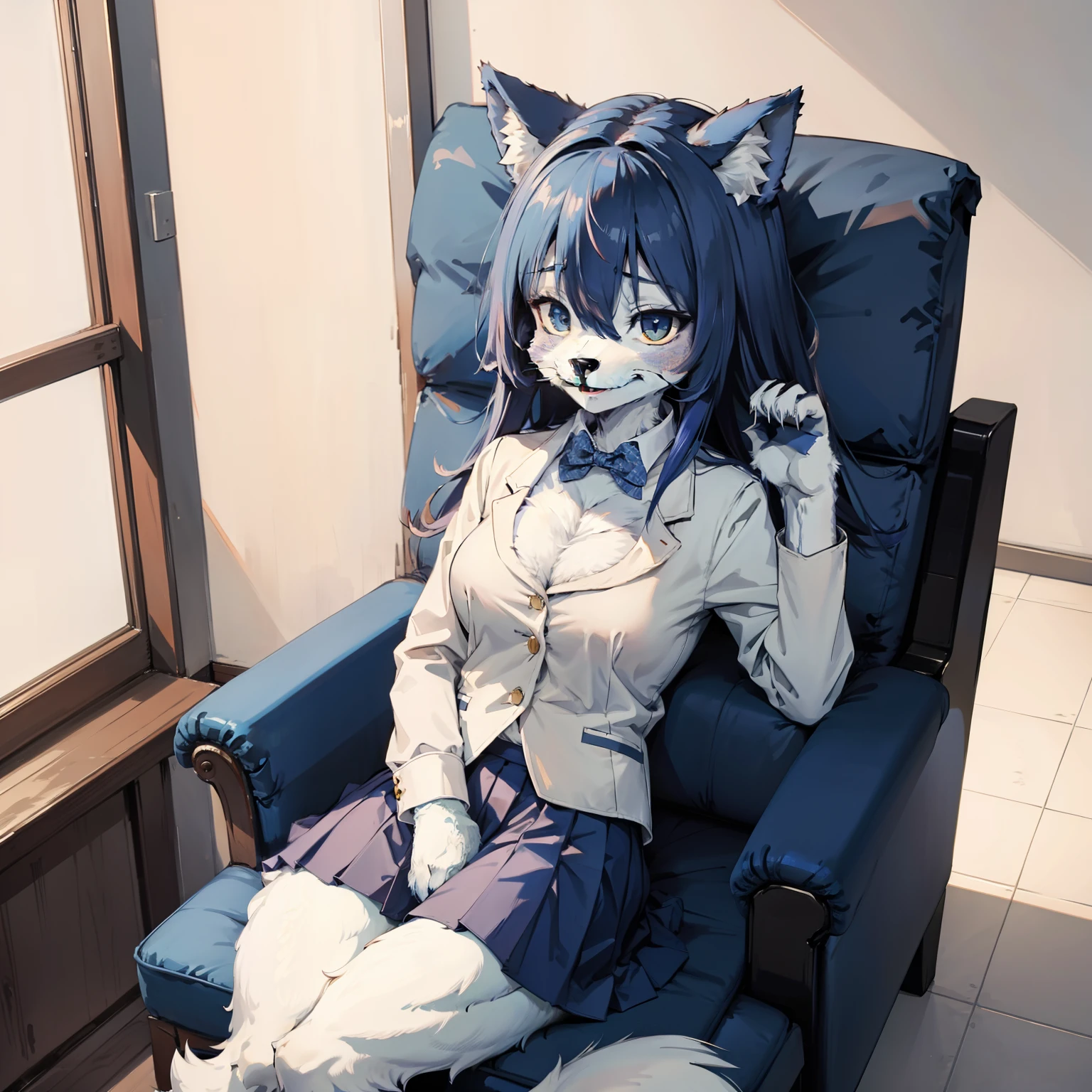 1girll, Blue fur, Wolf Girl, Medium breasts, school uniform, Portrait, Simple background, (Furry:1.5)