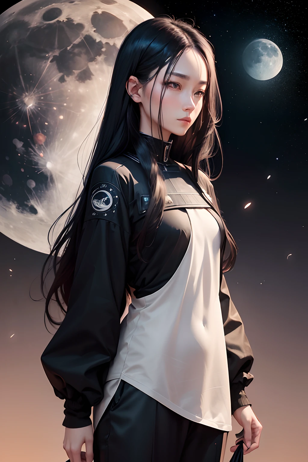 One Woman。Black clothes。trouser。A dark-haired。Long hair。slender。((Image of the moon and the earth floating in outer space on the background of a woman))８K image quality。ultra-quality。Painting with a delicate touch。