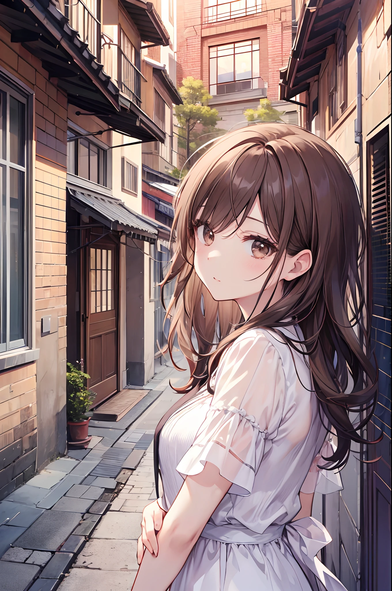 Hi-Res、masterwork、Chizuru Ichinose、Brown hair、soio、Female one、outside of house、细致背景、A detailed eye、((brown-eyed)),Beautiful and perfect legs, Clean and perfect hands