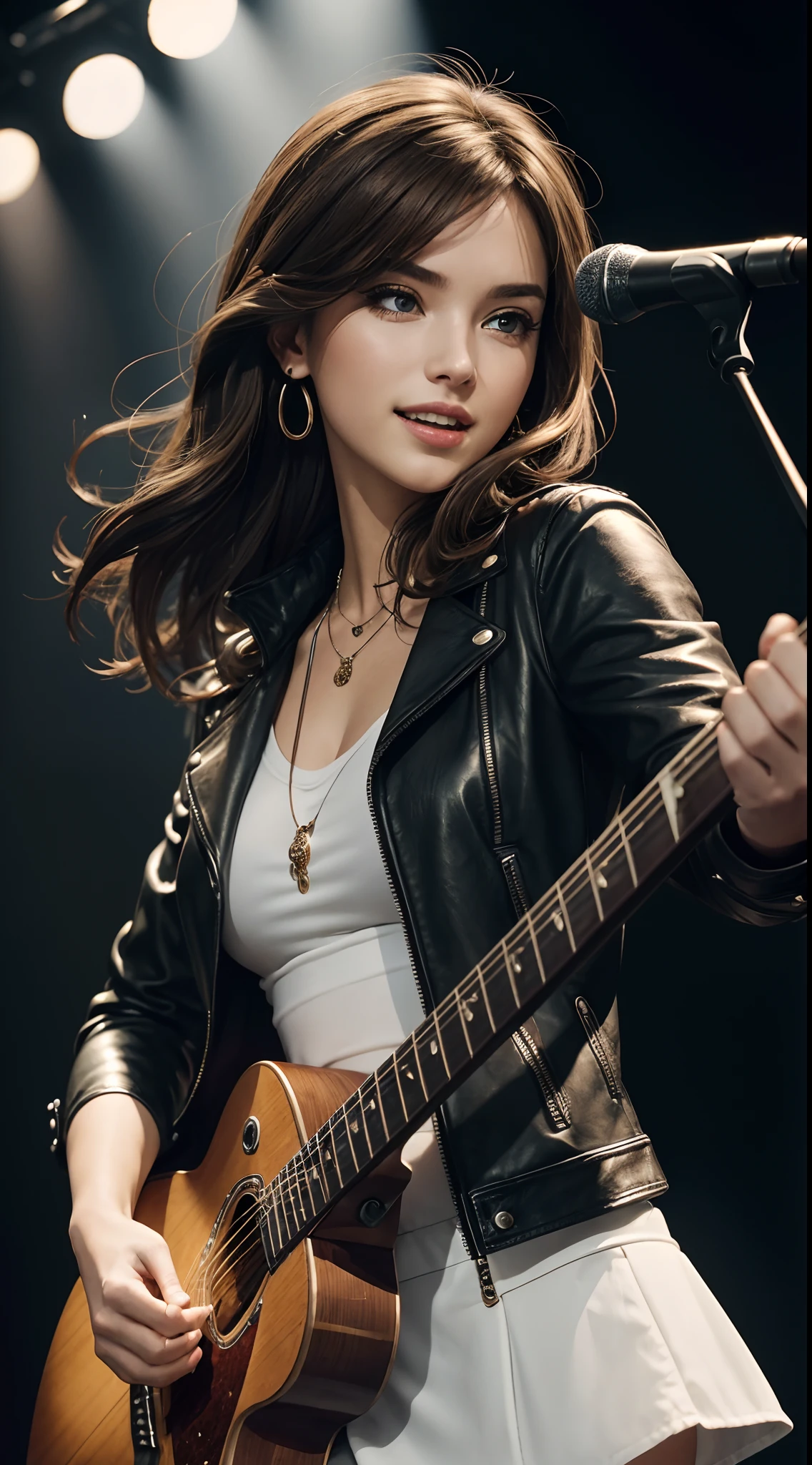 (Masterpiece:1.3, Best quality, Photorealistic, Ultra-detailed, finely detailed, high resolution, 8K wallpaper), 1 beautiful girl, Lead singer of the band group, In a leather jacket, Sing with an electric guitar, standing microphones, Mouth open, Beautiful face, Detailed face, Beautiful eyes, Detailed eyes, Smiling, Earrings, necklace, Detailed guitar, (Straight guitar neck and strings), Medium length light brown hair, be on stage, spotlight, Look at the viewer