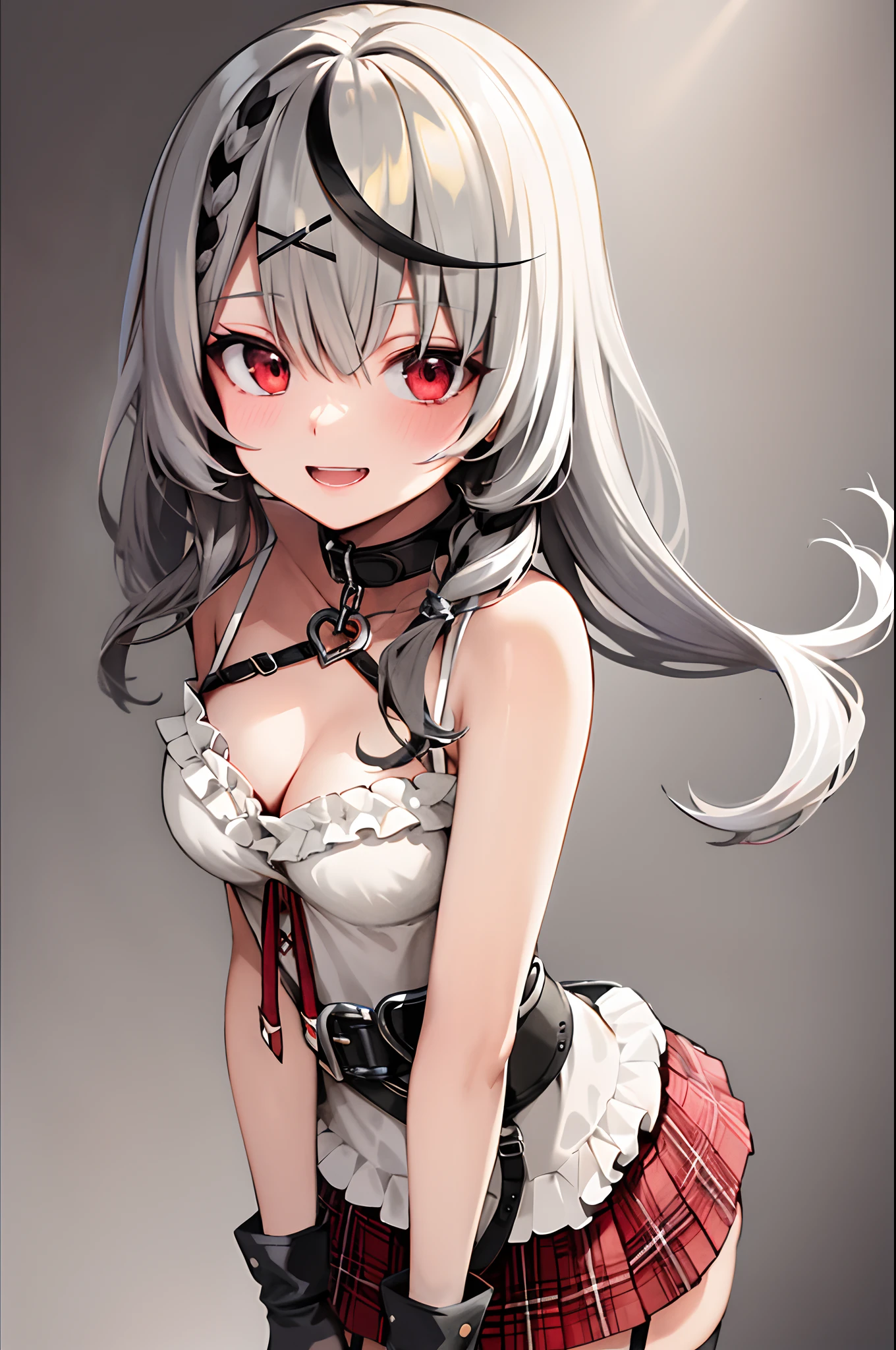 masterpiece, Best Quality, Anime, Highly detailed face, Highly detailed eyes, Highly detailed background, Perfect Lighting, 1girl in, Solo, 8K, red eyes, ribbon head, garter straps, twintails, black fingerless gloves, torn thigh highs, grey hair, hair ornament, multicolored hair, plaid skirt, streaked hair, cleavage, x hair ornament, black hair, red skirt, black collar, white camisole, medium breasts, miniskirt, pleated skirt, black thigh highs, braid, white shirt, black belt, long hair, smile , open mouth, double tooth, twin drills