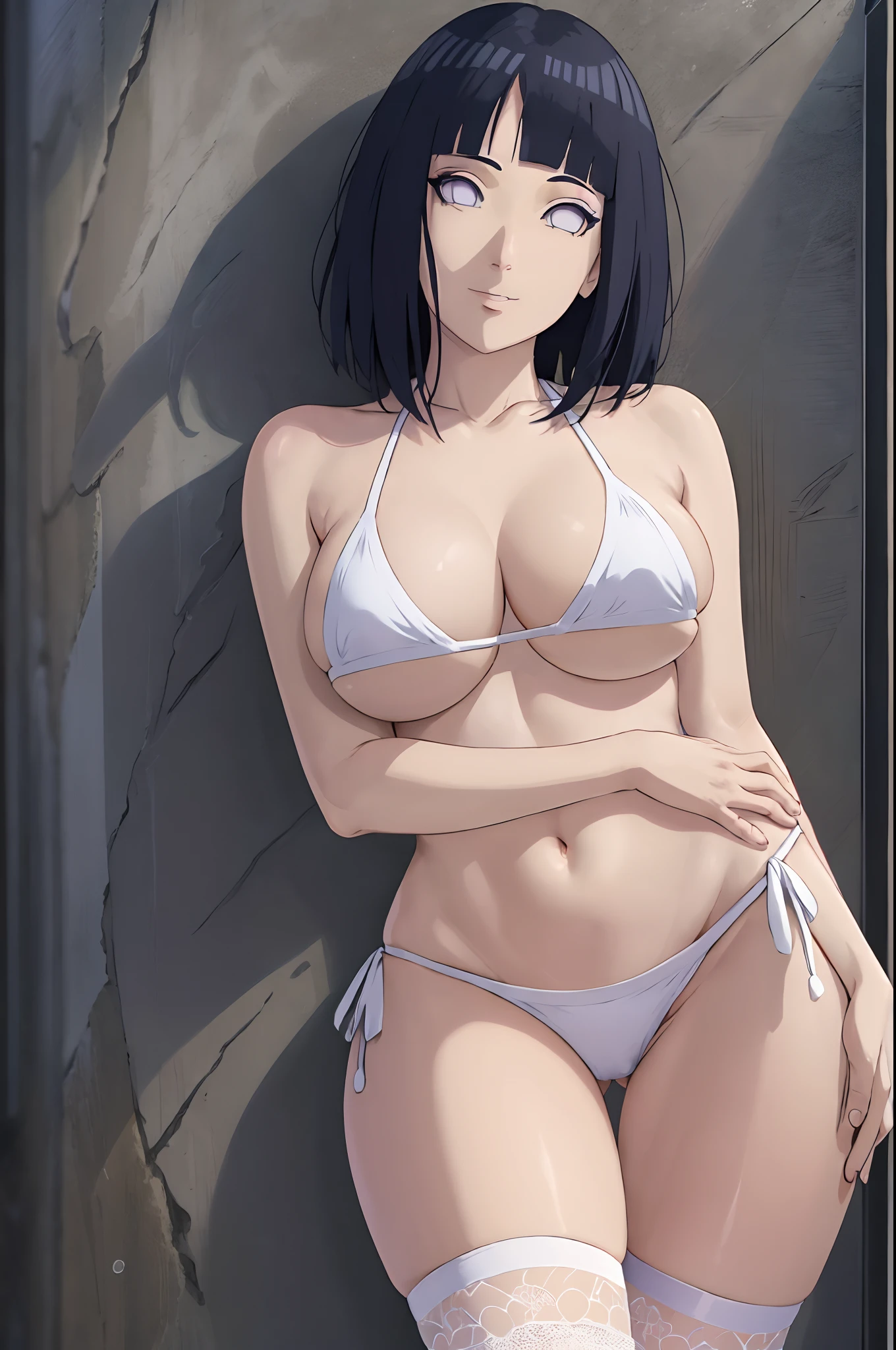 (WALLPAPER, (hinata\(boruto\), (((white string bikini))), masterpiece, 4k, vector coloring, whole body shot, (high color saturation), contrast lighting, mature female, (curvy:0.8), solo, anime style, sharp focus, professional artwork, intricate details, colorful, vibrant colors, vivid colors, digital blending, ultra detailed body, ultra detail hair, ultra detail face, ultra detailed hands, trending on pixiv, very hot colors, (((beach background, outdoors))), detailed bold arm lines, high color saturation, bold lines, bold drawing lines),
(((hand lean against wall)), (head tilt), big mouth, big smile),
((dark blue hair color:1.1), wavy hair, ((short hair, hime cut)),
(perfect eyes, white sciera, bright eyes, white eyes, anime eyes, smoky eyeliner, eyeshadow)
(white skin, (fair skin), slender body, milf, perfect face),
(legs, big breasts, off-shoulders, (detailed shoulders, detailed arm lines)),
(bare shoulders, bare legs,