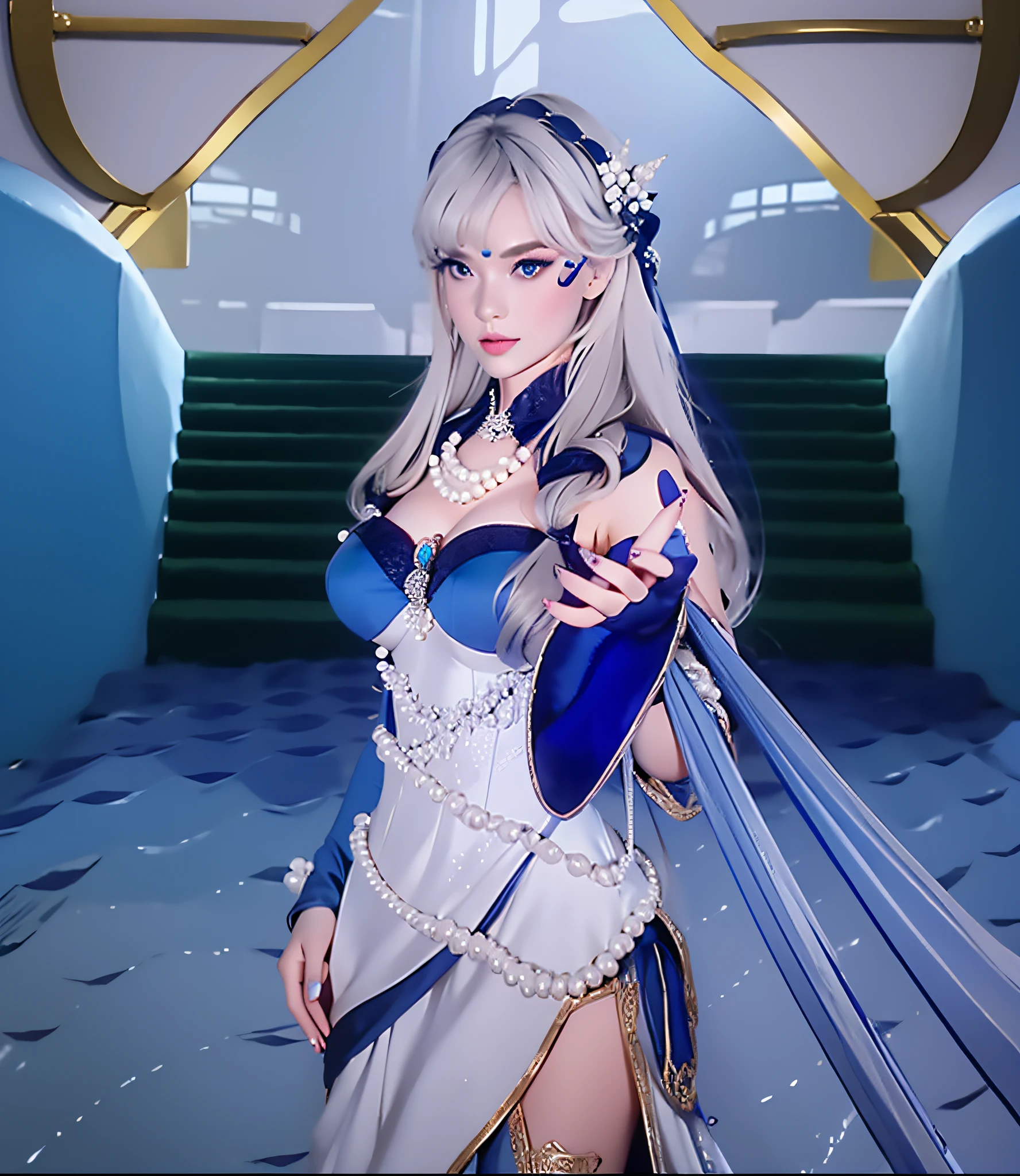 white long hair, pearl necklace, wearing blue navy dress elegant, big breasts, hands reach forward, glare expression, staring intently, 3horn headband, blue nails, photorealistic, masterpiece