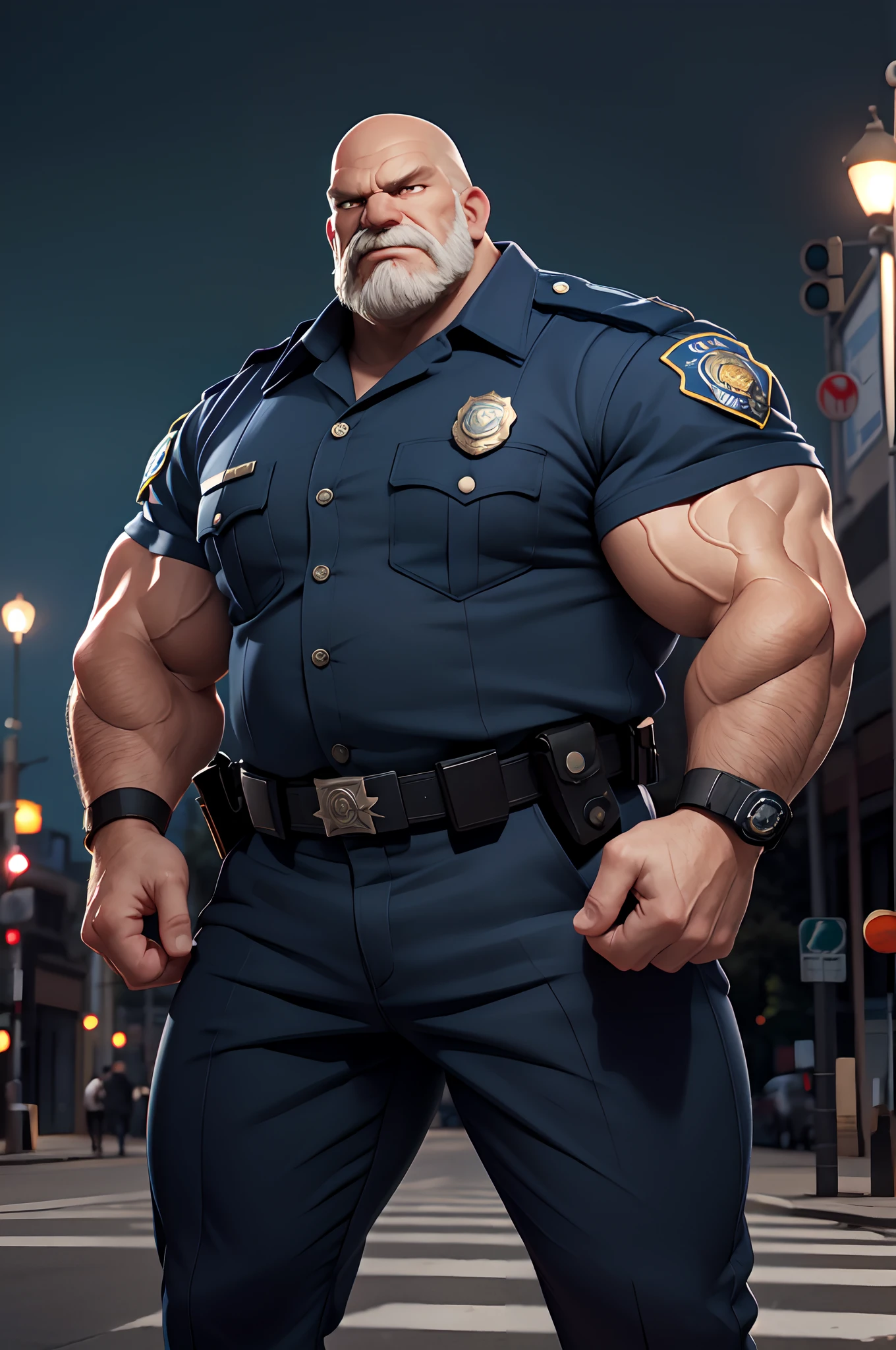 a 60 year old ((hairy)) extremely huge beefy muscle man, defined muscled body, sweaty, white hair, white beard, (((in a police uniform))), posing for a picture, photograph taken in 2 0 2 2, heavy detail, daddy, unshaven, 4 k post, front facing shot, thick neck, front shot, frontal shot, high quality upload, smooth in the background, by jane leibowitz