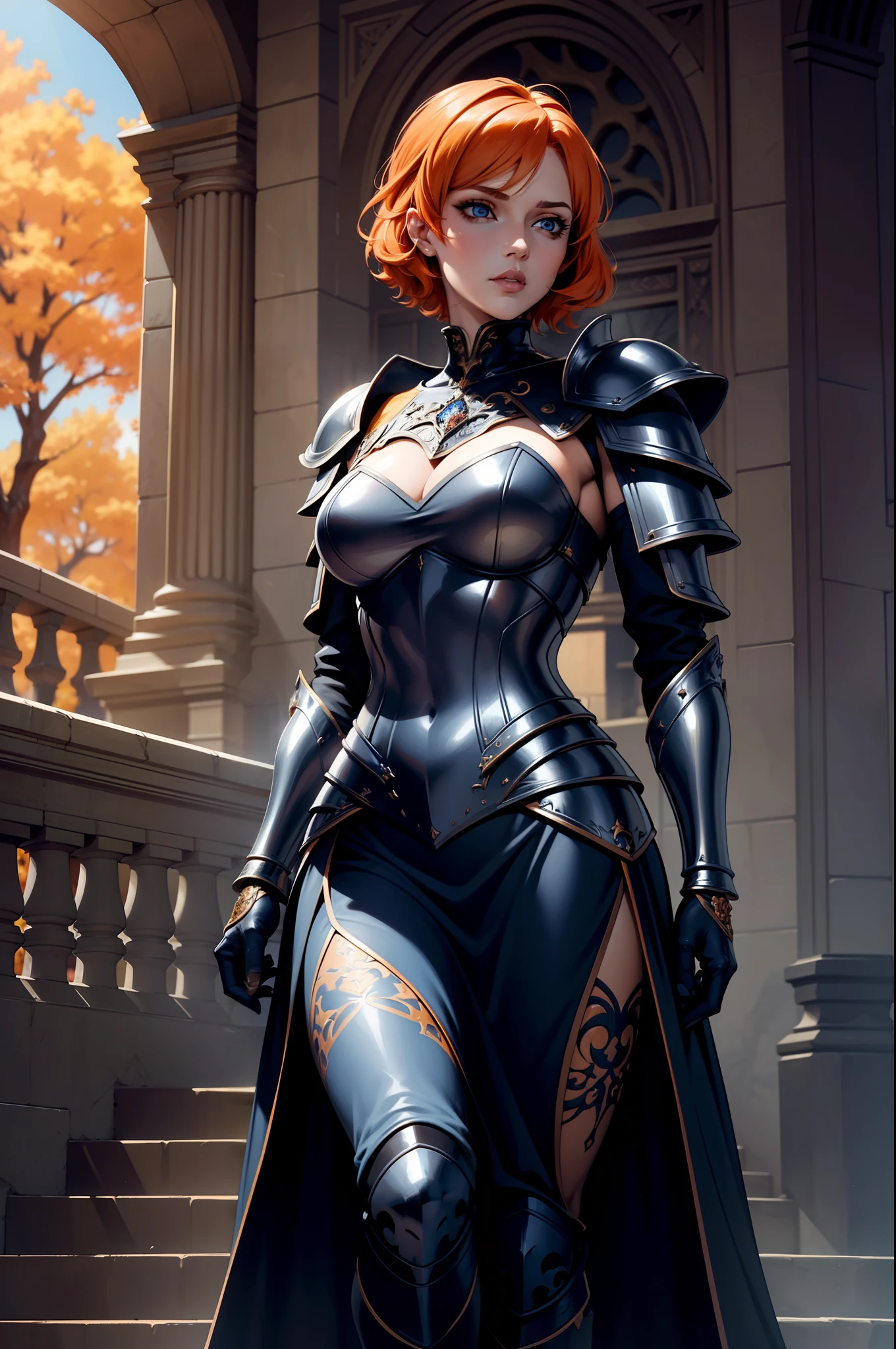 A beautiful and wonderful woman, extremely detailed, short orange hair, wearing extremely detailed Gothic armor, blue eyes on the staircase of the library with medieval statues, blue sky full of clouds and fluttering autumn trees, cover 8k in an imposing position;