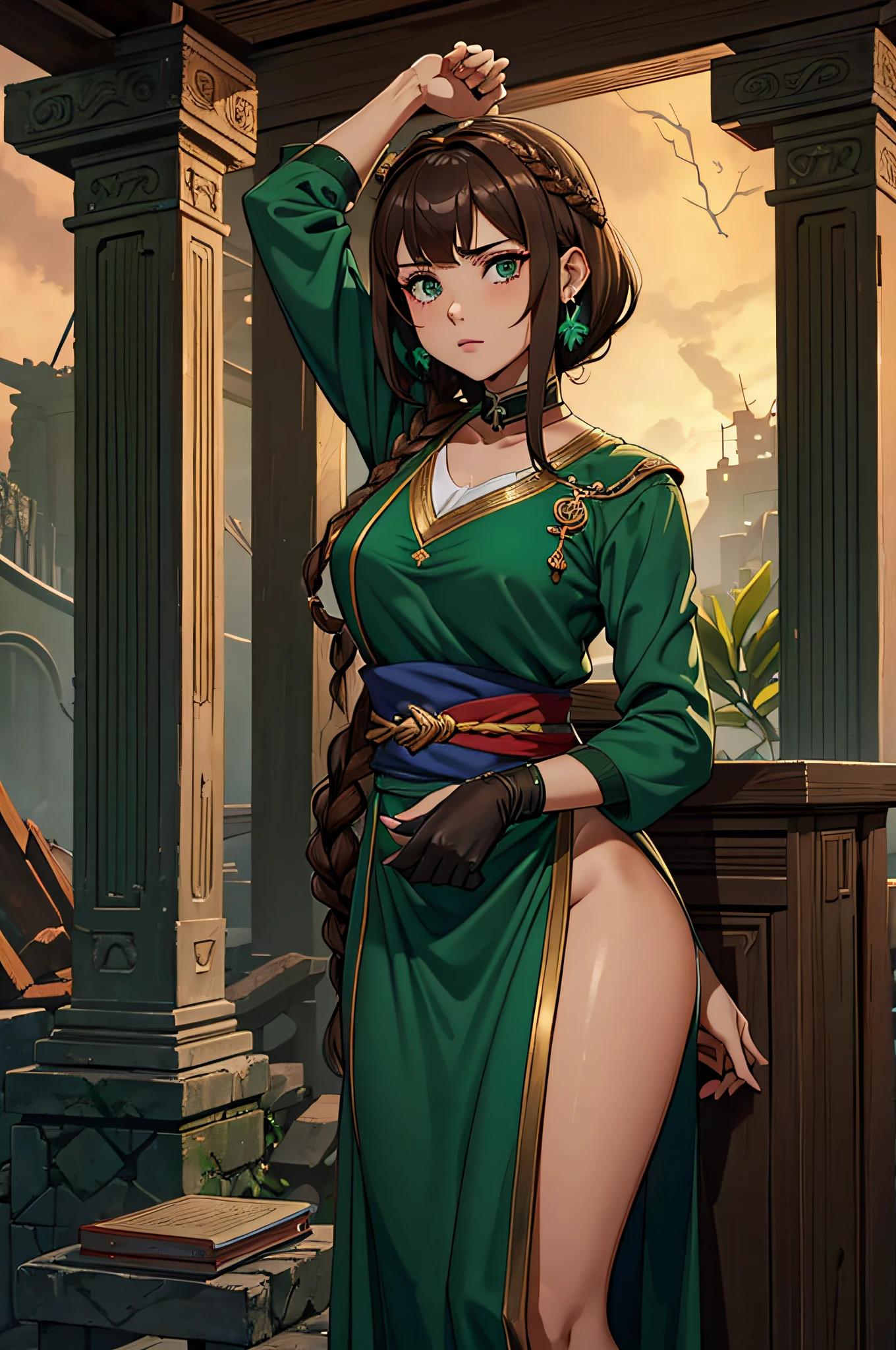 ((Ancient temple in ruins:1.2), dentro, altar,(((noite,Chuva))) (tema de fundo)),
(NSFW:0.85),cowboy shot, 1girl,sozinho,(( (verde:1.3) Hair)), olhos cor-de-rosa, olhos detalhados, orelhas pontudas,brincos de anel, (assustado:1.2),corar, Longasa and unique braid, medium breasts, Standing, sacerdotisa,(roupas rasgadas),(qualidade superior, 8k, 32k, master part, UHD: 1.2), 1 girl, beautiful Japan woman, cintura fina, pele brilhante, terno cinza, jaqueta aberta, office lady, Naipe, Mini Saia, s office, mesa, (pernas cruzadas: 1.2), rosto fino, short hair,NSFW, best quality, master part, Altas, sozinho, {deitado na cama:1.10}, {Antecedentes extremamente detalhados:1.20}, {:1.40}, {pernas abertas:1.10}, {arms up:1.10}, maduro, {Angelina_Arknights:1.15}, marrom_Hair, Longas_Hair, bicho_Ouvidos, raposa_Ouvidos, Caudas duplas, franja, faixa de cabelo, vermelho_faixa de cabelo, vermelho_olho, infection_monitor_\(Arknights\), superior_corpo, seios, corar, sorrir, , {:1.15}, { suco:1.30}, Olhando para o Viewer, {Embarrassed:1.10}, endured face, feet out of frame a young woman with brown hair , vestido azul , no seu quarto , with a book in his left hand and a magic key in his right hand