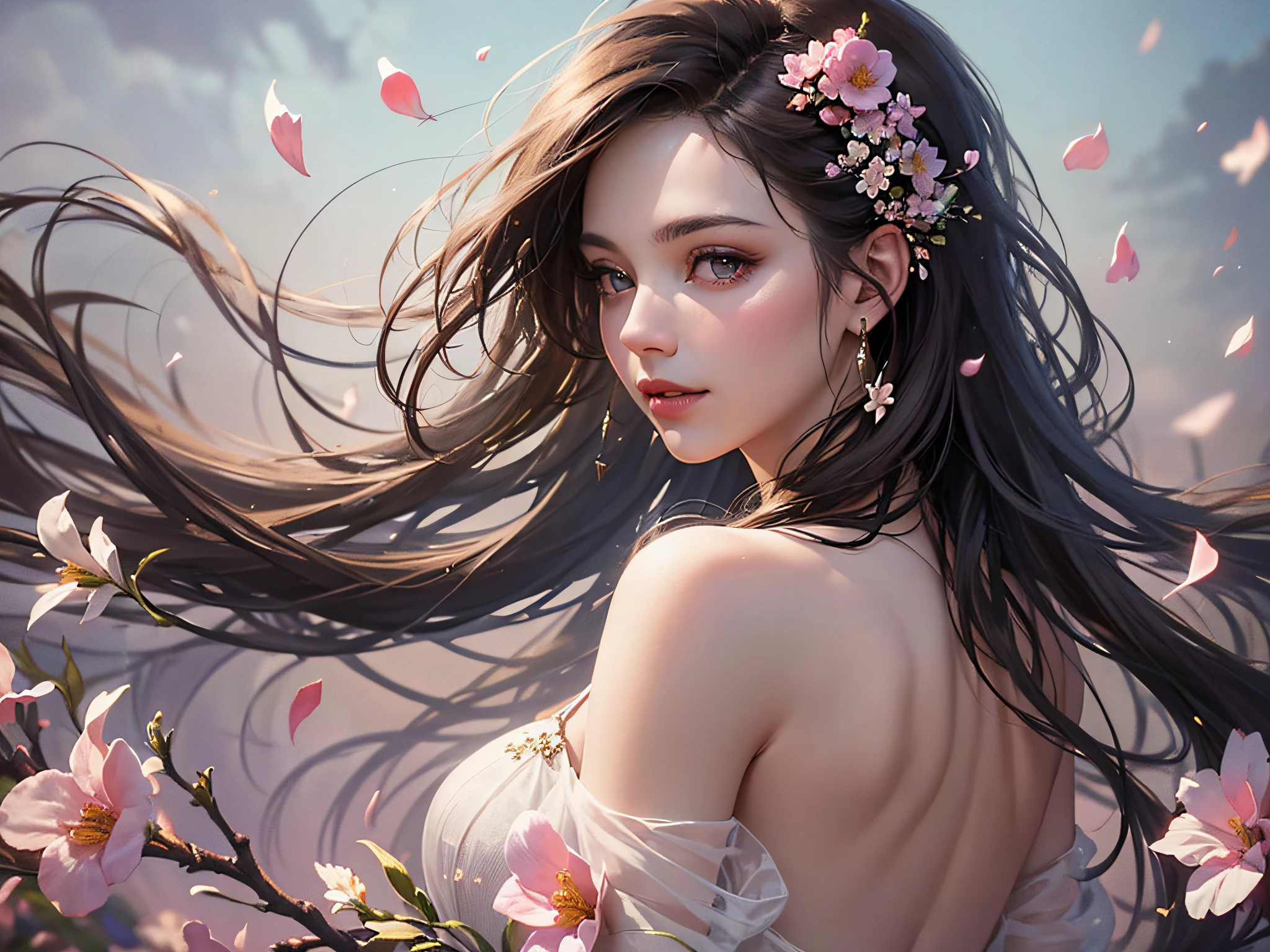an adult female, solo, upper body, back view (See-through dress:1.2), lavender, flower field, blossom, wind blowing through, flowing hair ,subtle smile, dynamic angle, (falling petals, pale tone, floating colorful sparkles:1.1) , elegant, ultra-detailed face, detailed eyes, shiny skin, lustrous lips, dark brown hair(official art, unity 8k wallpaper, ultra detailed, beautiful and aesthetic, masterpiece ,best quality:1.3),(photorealistic:1.3)