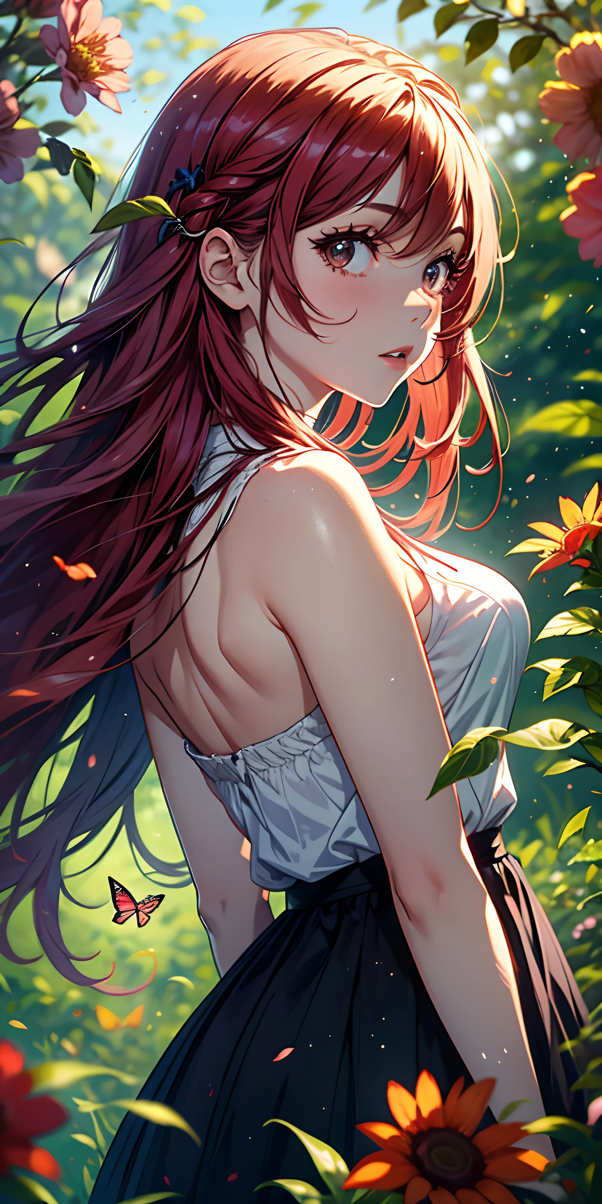 alto detalhe, Ultra Detalhe, Ultra high resolution girl with extremely long red hair, messy hair with a beautiful and serene face, aproveitando seu tempo em campo aberto, cercada pela beleza da natureza, sol quente polvilhando sobre ela, Red flowers swaying gently in the breeze. Butterflies and birds flutter around her, adding to the playful atmosphere, --v6