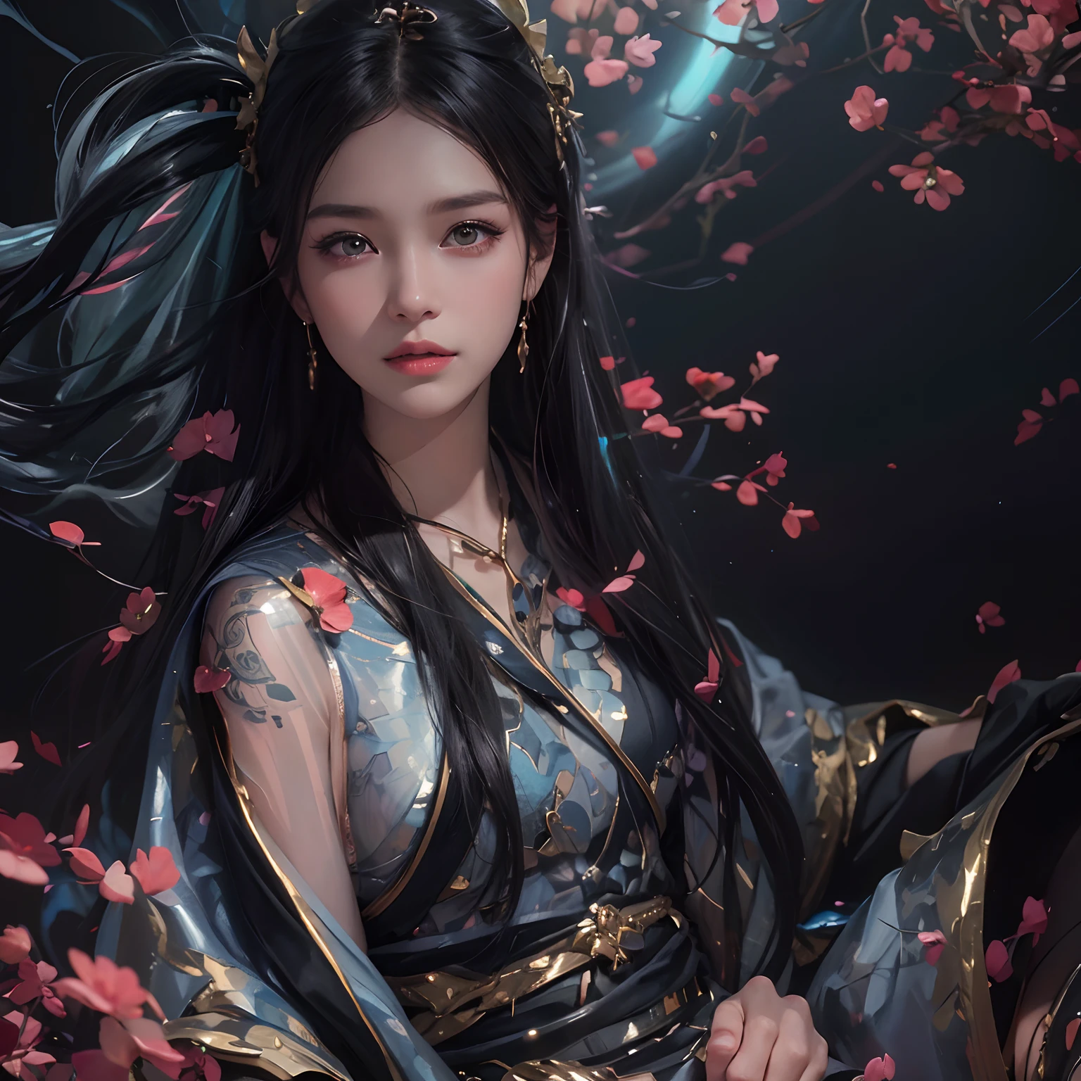 Art depicts a charming woman，Dressed in a flowing manner、Silky traditional oriental dress，purpleish color，Decorated with intricate patterns and bright colors。Her dress draped elegantly over her curvy figure，Highlights her seductive silhouette。She stood gracefully in the tranquil sunlight，Bask in soft sunlight。The scene exudes an ethereal and dreamy atmosphere，With a touch of mystery and sexiness。The image style incorporates watercolor and digital illustration techniques，It evokes a refined beauty and charm。The lights are filled with soft moonlight，casting soft highlights and shadows on her charming features。Bare thighs，Bigchest