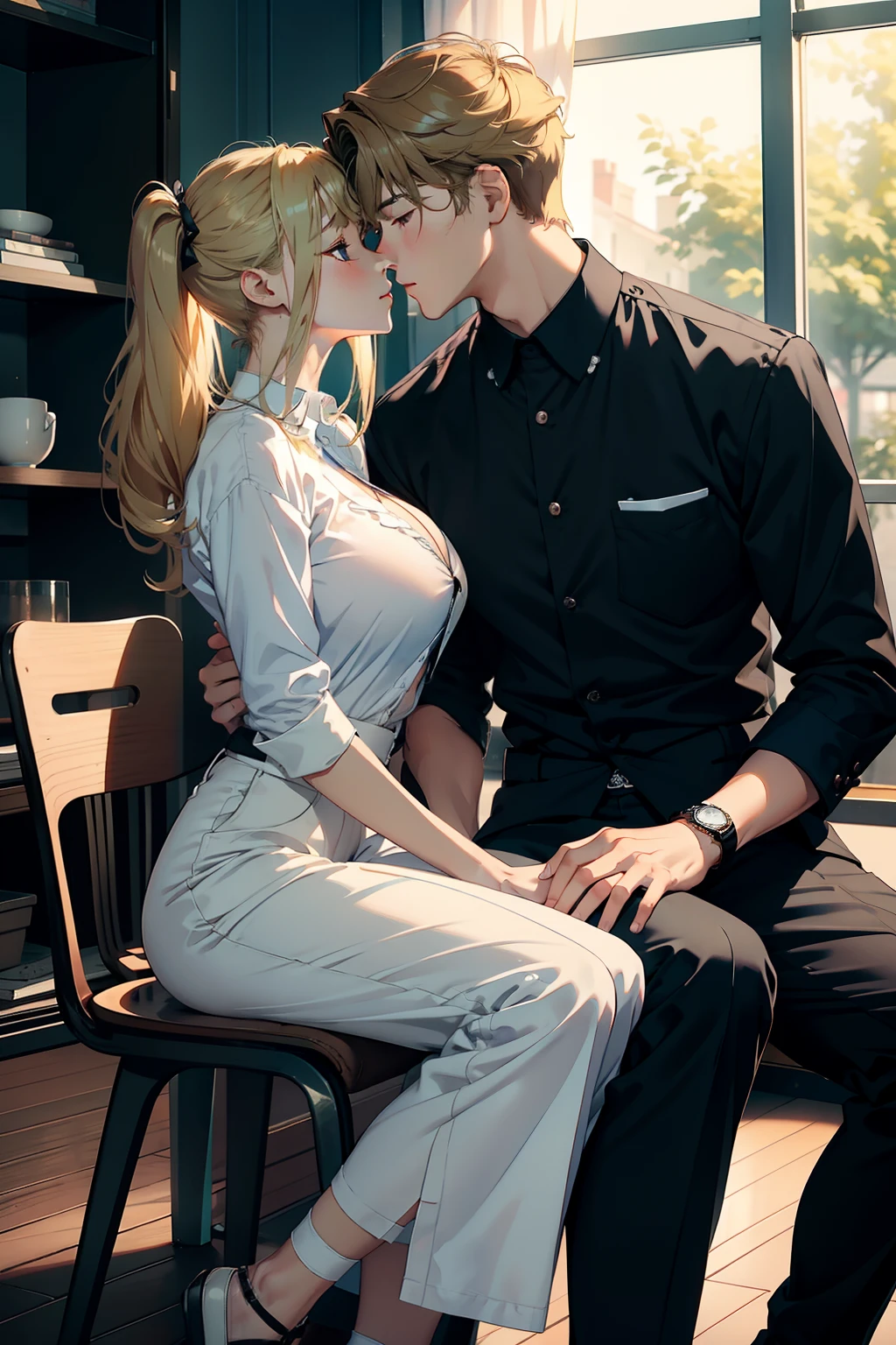 topquality　tmasterpiece　Male and female couples　Girl sitting on a chair in a narrow skirt over a blouse。Boys hugging each other from behind。Boys in school long pants with hairstyles。without glasses、Revenge Relations, Hot Kids, Sexy girl, big breasts, a girl with blonde hair, HotBoys, the kiss