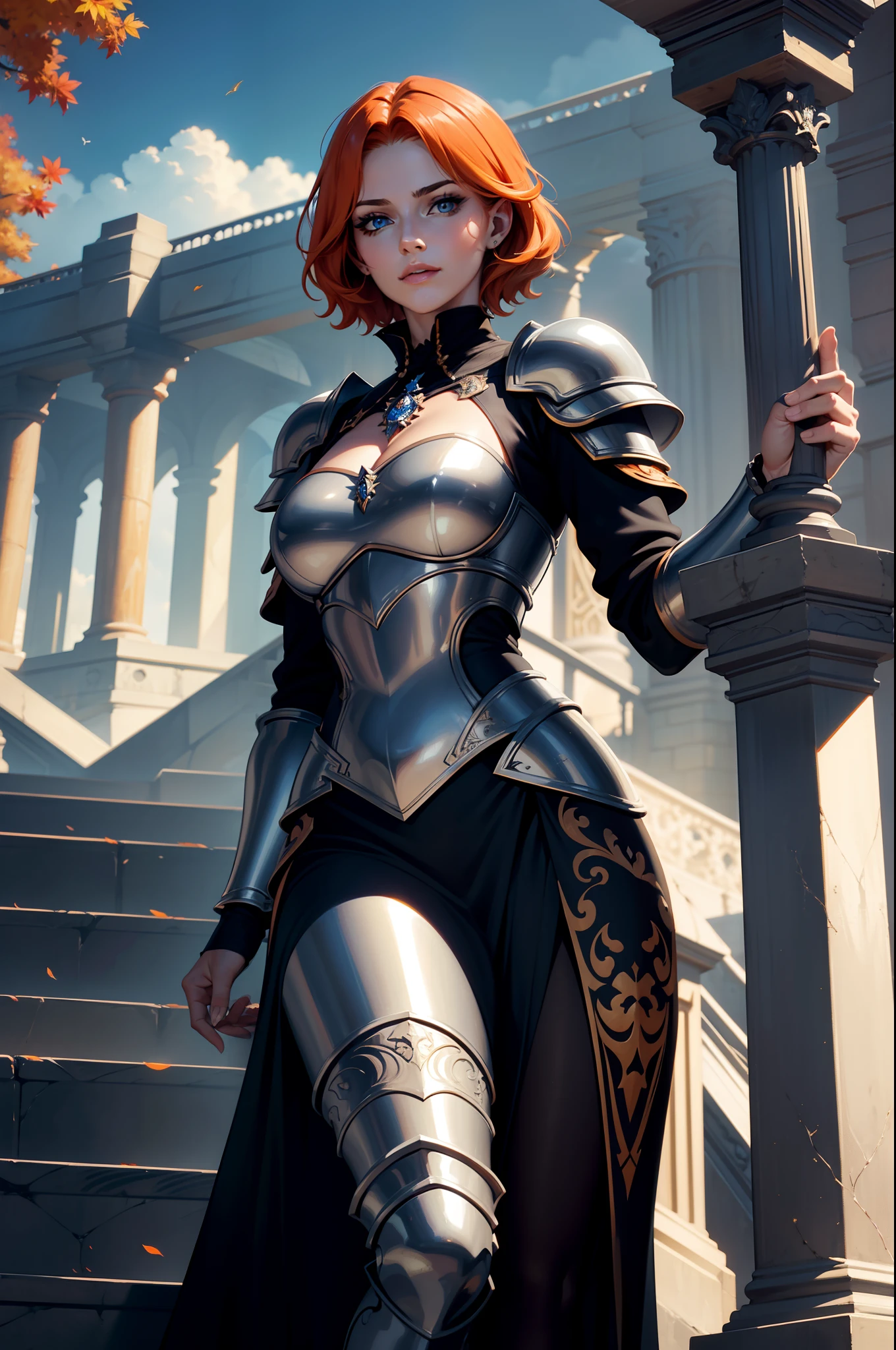 A beautiful and wonderful woman, extremely detailed, short orange hair, wearing extremely detailed Gothic armor, blue eyes on the staircase of the library with medieval statues, blue sky full of clouds and fluttering autumn trees, cover 8k in an imposing position;