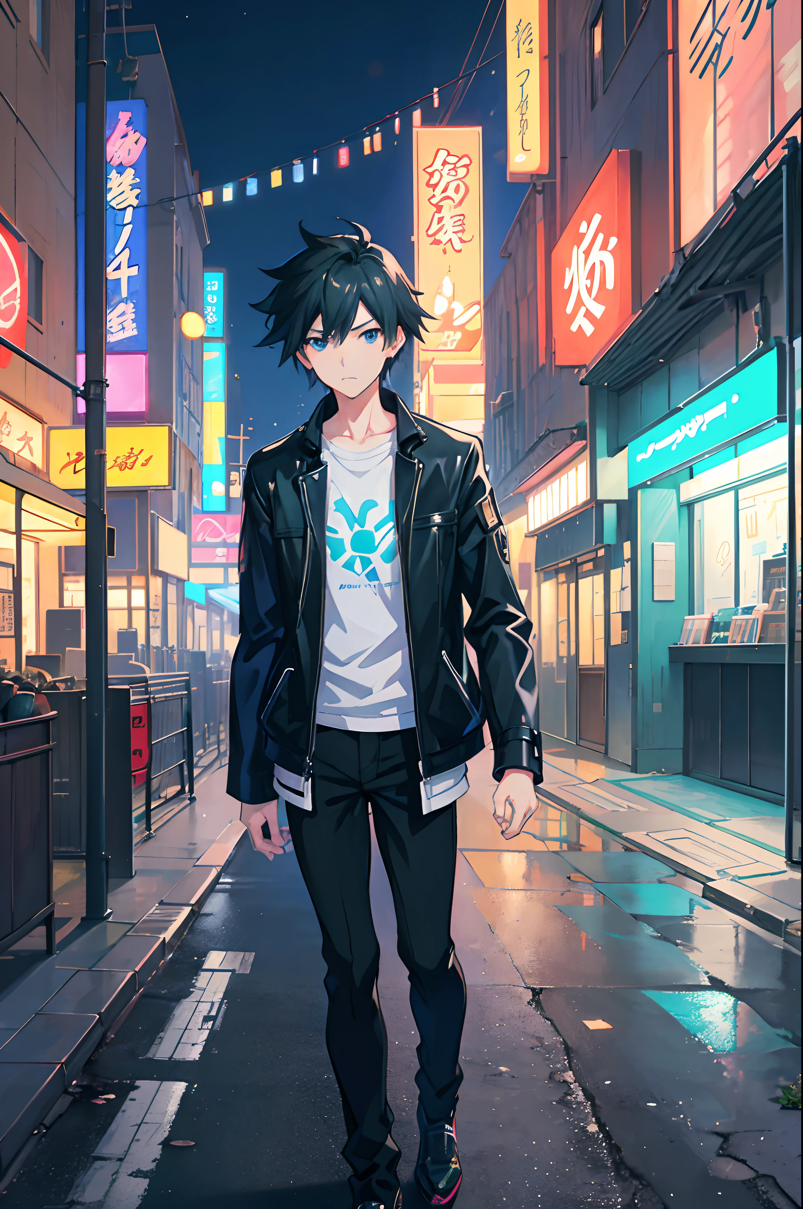 anime character in a city street with neon signs, makoto shinkai style, makoto shinkai. digital render, makoto shinkai art style, young anime man, tall anime guy with blue eyes, makoto shinkai!, makoto shinkai. —h 2160, ( ( makoto shinkai ) ), in style of makoto shinkai