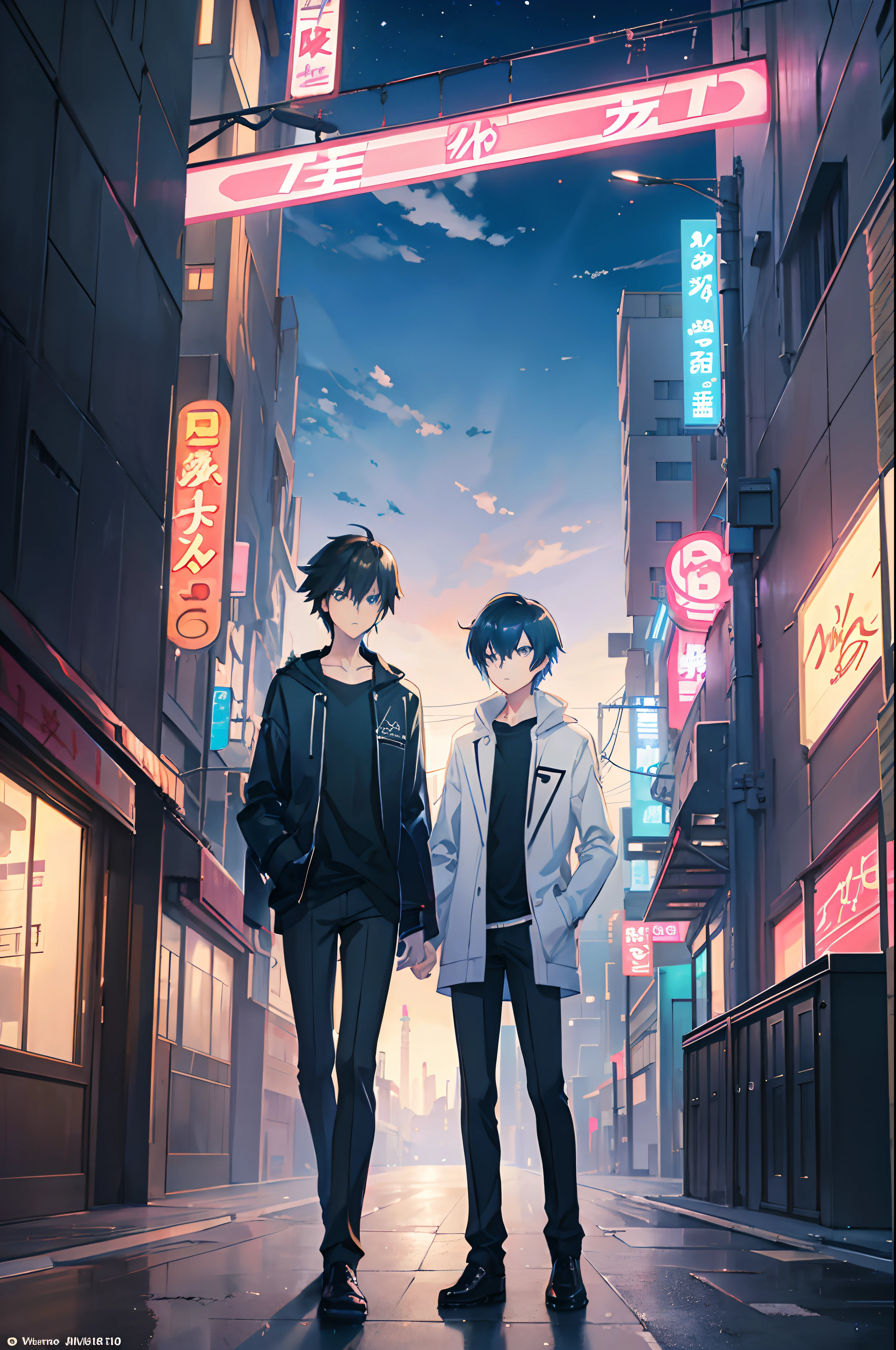 anime character in a city street with neon signs, makoto shinkai style, makoto shinkai. digital render, makoto shinkai art style, young anime man, tall anime guy with blue eyes, makoto shinkai!, makoto shinkai. —h 2160, ( ( makoto shinkai ) ), in style of makoto shinkai