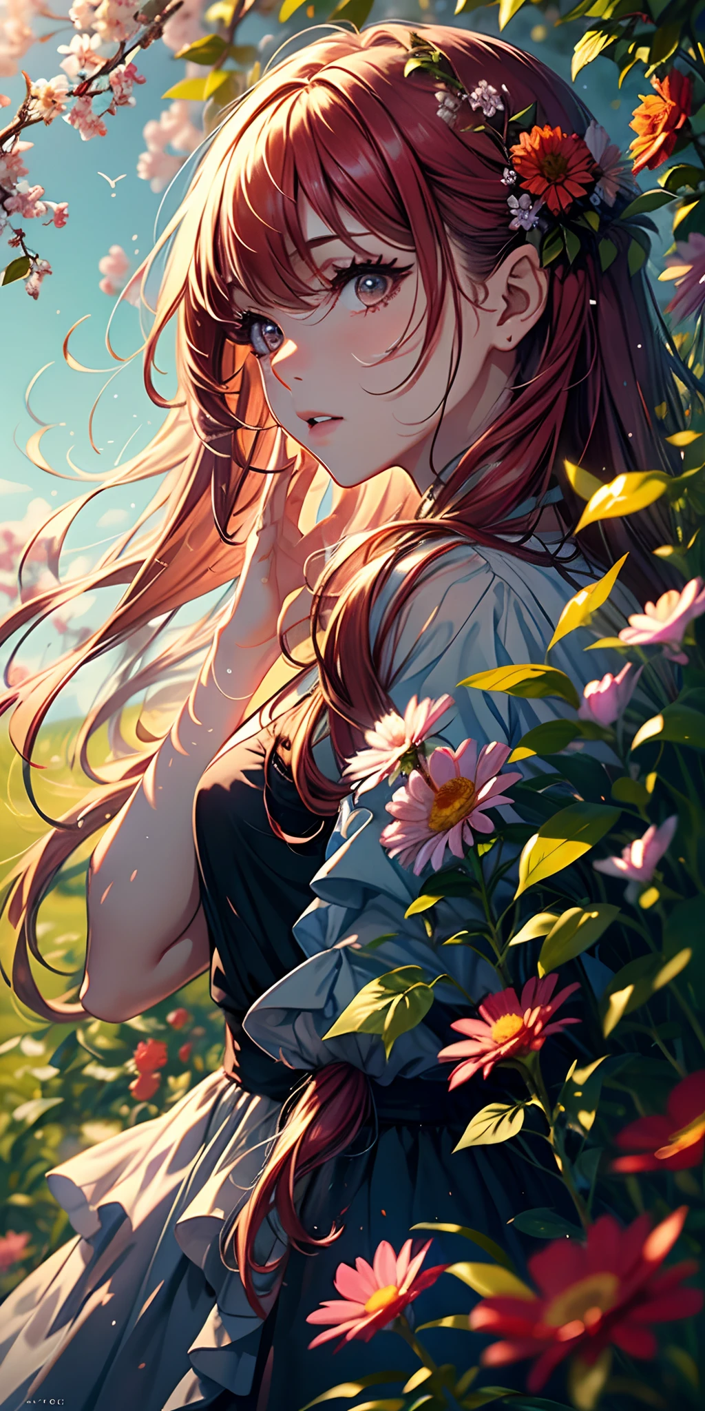alto detalhe, Ultra Detalhe, Ultra high resolution girl with extremely long red hair, messy hair with a beautiful and serene face, aproveitando seu tempo em campo aberto, cercada pela beleza da natureza, sol quente polvilhando sobre ela, Red flowers swaying gently in the breeze. Butterflies and birds flutter around her, adding to the playful atmosphere, --v6