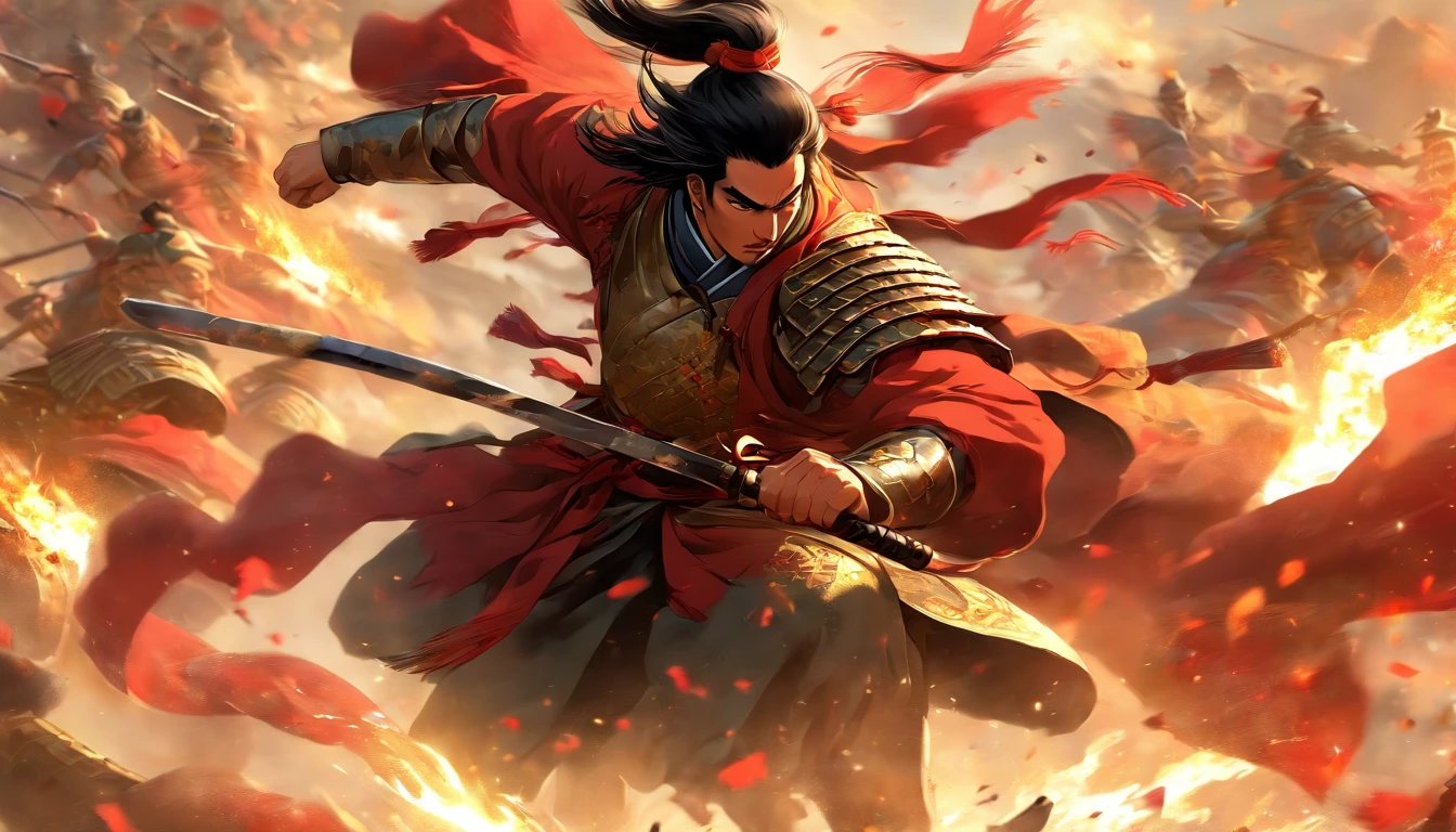 (Best quality,4K,8K,A high resolution,Masterpiece:1.2),Ultra-detailed,(Realistic,Photorealistic,photo-realistic:1.37),Chinese general,Traditional art style,Colorful uniforms,Vivid and dynamic brushstrokes,Ancient battlefield background,warrior's spirit,Decorative armor and helmets,Symbolic horse,majestic-looking,courageous expression,Heroic posture,Historical portraits,Proud and noble characteristic,Ink painting style,finely detailed facial features,Dynamic composition,Imposing figure,Strategic battlefield map,Strong and confident gaze,resolute determination,Burst energy,Ancient battle flags,Foggy atmosphere,Golden sunlight illuminated the scene,Traditional Chinese calligraphy in the background,Realistic battle scenarios,Pay attention to historical accuracy,dynamic movements,Command the army from afar,Set against a backdrop of majestic mountains,Impressive battle formation,Martial arts expertise and weapon proficiency,Wisdom and leadership,Aura of authority,Atmospheric perspective,Dramatic lighting,Heroic legend,Classic Chinese metaphors,Strong awareness of tradition and cultural heritage，red colour