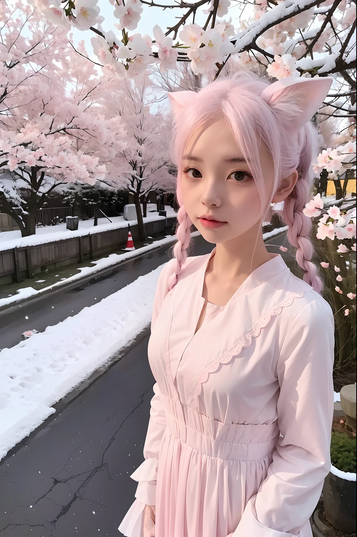 one-girl，（Long snow-white hair），（Two cat ears），Pale pink cherry blossom princess dress，Her soft hair was tied into two small braids，Coiled around the back of the head，There is also a hair ornament in the shape of a bow。Her delicate and fair little face was completely exposed，Only a little sparse bangs on the forehead cover it。