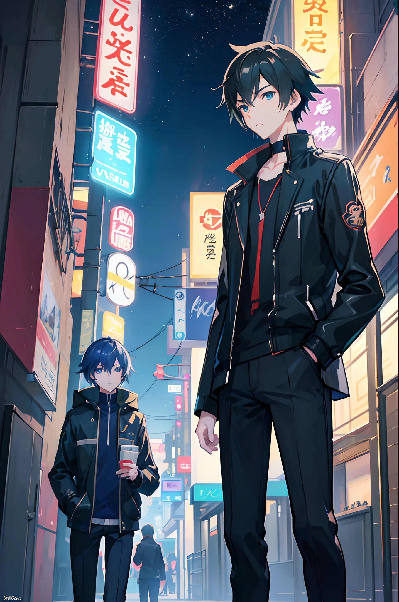 anime character in a city street with neon signs, makoto shinkai style, makoto shinkai. digital render, makoto shinkai art style, young anime man, tall anime guy with blue eyes, makoto shinkai!, makoto shinkai. —h 2160, ( ( makoto shinkai ) ), in style of makoto shinkai