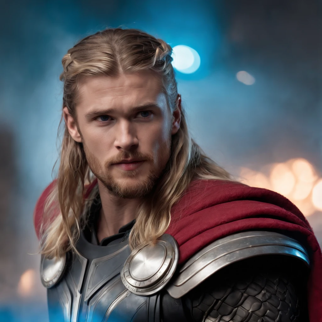 gloomy portrait of God Thor from Marvel, extremely detailed, futuristic cityscape, nighttime, glowing neon lights, smoke, sparks, metal shavings, flying debris, blue energy effects, volumetric light