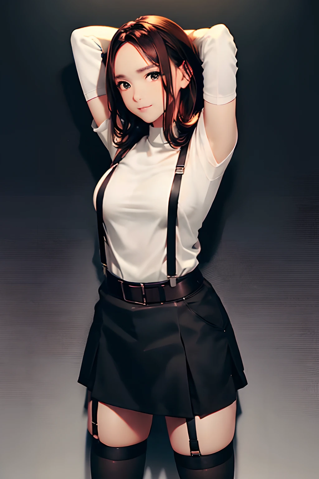 Black skirt, suspenders, Brown hair Gray eyes, Garter belt on the legs, Tight black clothes, a belt Armpit sweat Dark look Moderately breasts holster Forehead Center