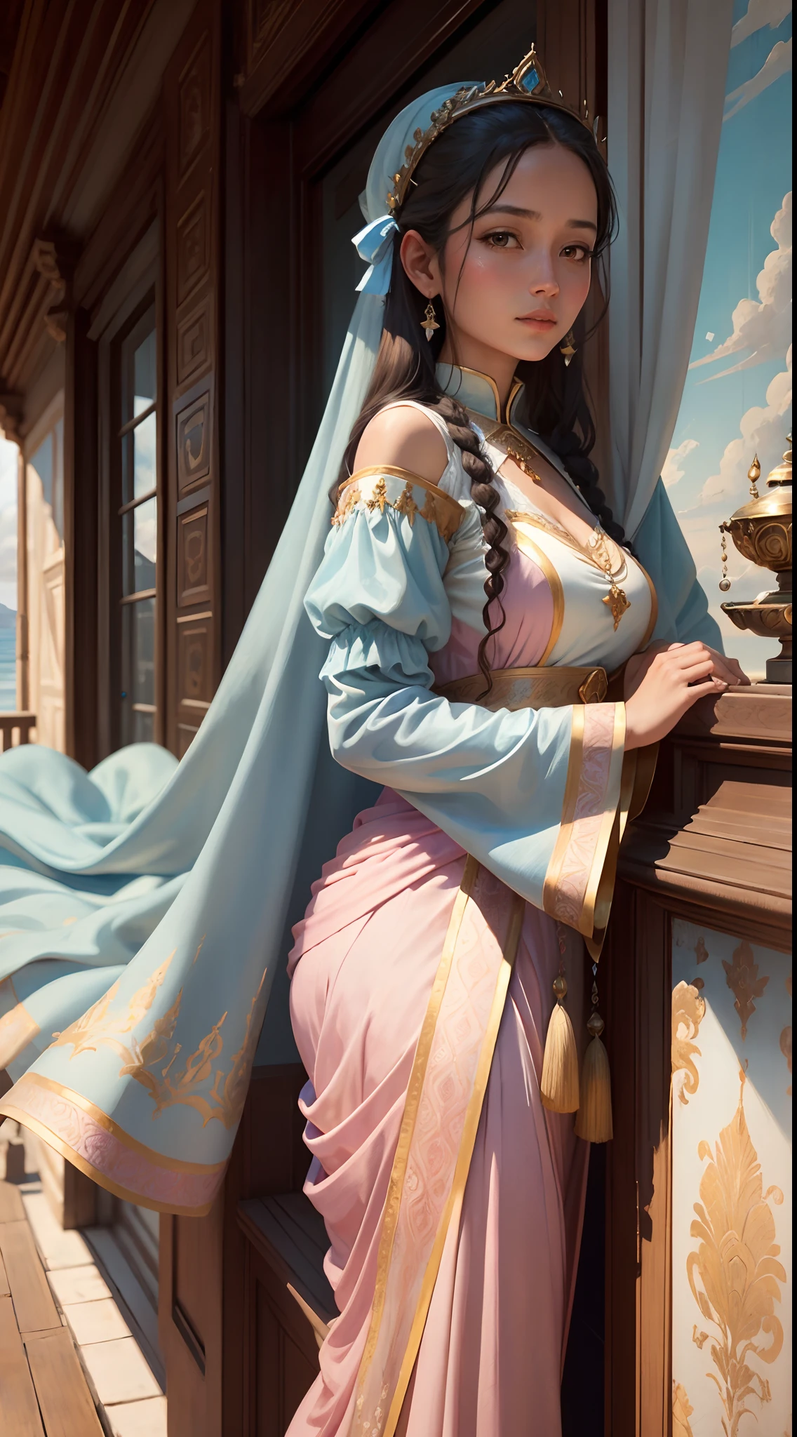 A woman in aristocratic costume, on the balcony, curtains, sea, oil painting, outdoor painting, fantastic sky blue, light blue and dreamy pink, fantastic thin ice, natural light, high quality, high detail, super clear, extraordinary work in decadent illustration style, light bronze and light beige, oil painting, decorative background, Himalayan art