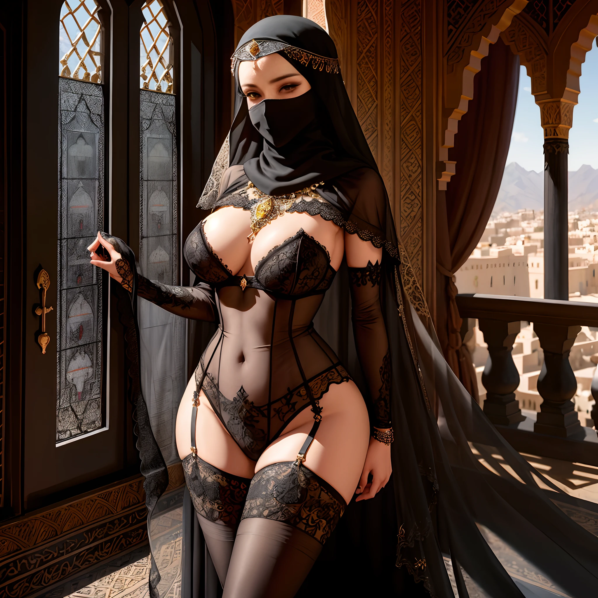 araffe dressed in a black outfit and a veil posing for a picture, arabian princess, arabian beauty, arab princess, a beautiful fantasy empress, beautiful sorceress, 8k high quality detailed art, beautiful female assassin, beautiful arab woman, a beautiful sorceress, beautiful alluring anime woman, persian princess, beautiful sorceress female