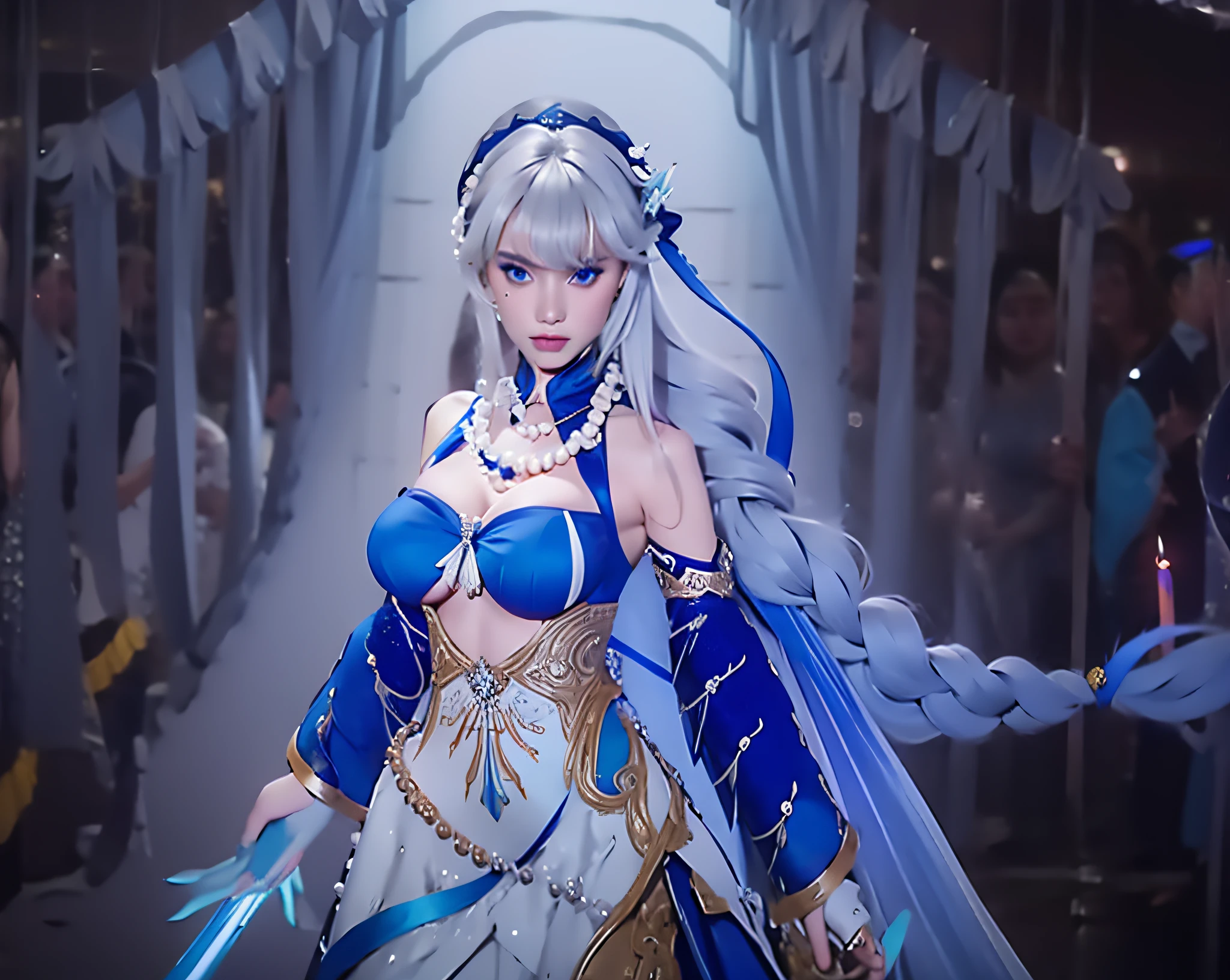 white long hair, pearl necklace, wearing blue navy dress elegant, big breasts, hold blue aqua sword, glare expression, staring intently, 3horn headband, blue nails, photorealistic, masterpiece